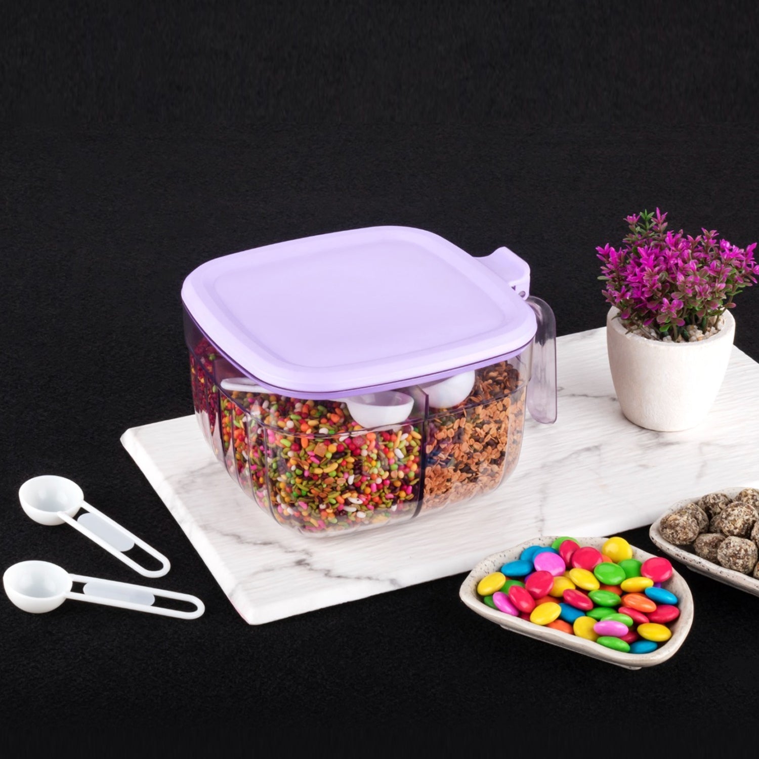 5784 Multipurpose Dry fruit Set, Chocolate, Snacks Storage Box, Masala Box  for Home and Kitchen Airtight Dry Fruit Plastic Storage Container Tray Set With Lid & 4 Compartment, 4 Spoon Container for Sweets,Chips,Cookies | (1 Pc )