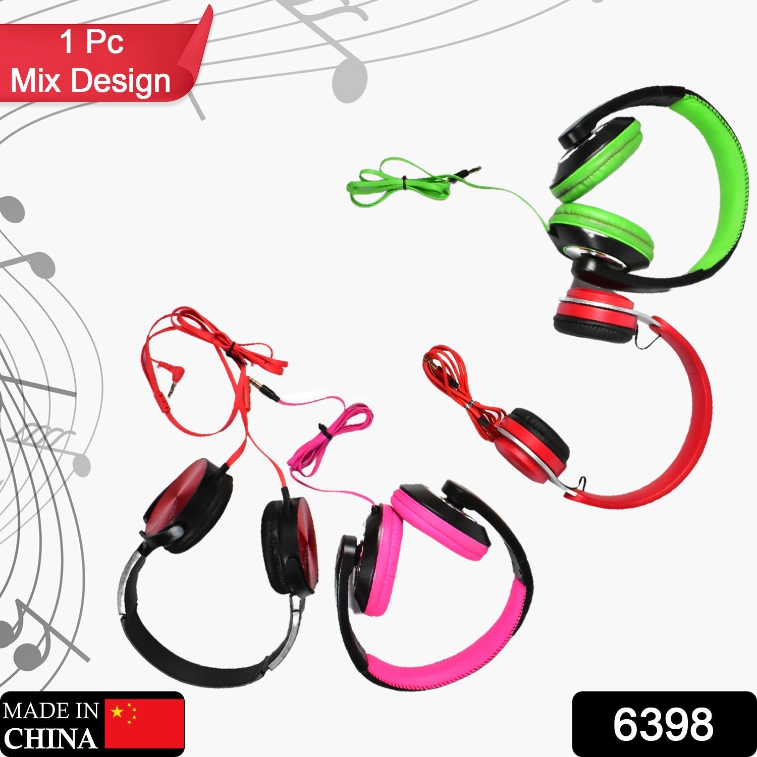 6398 WIRED HEADPHONES WITH MIC ON-EAR HEADPHONES WITH TANGLE FREE CABLE FOR ALL SMART PHONE SUPPORT HEAD PHONE (Mix Design 1 Pc)