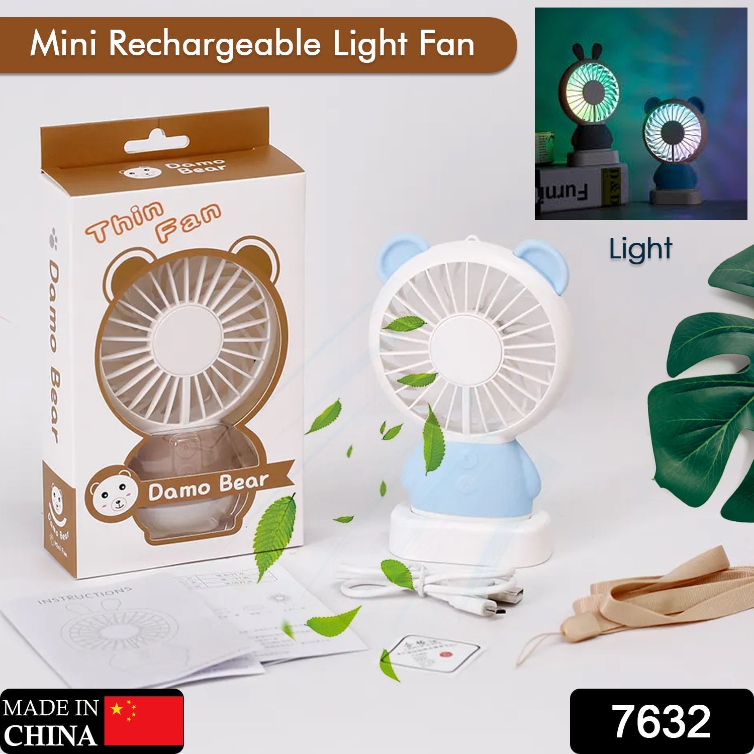 7632 MINI PORTABLE FAN USB RECHARGEABLE HANDHELD BEAR STYLE COLOR CHANGING LED LIGHT POCKET DESK LIGHT FAN