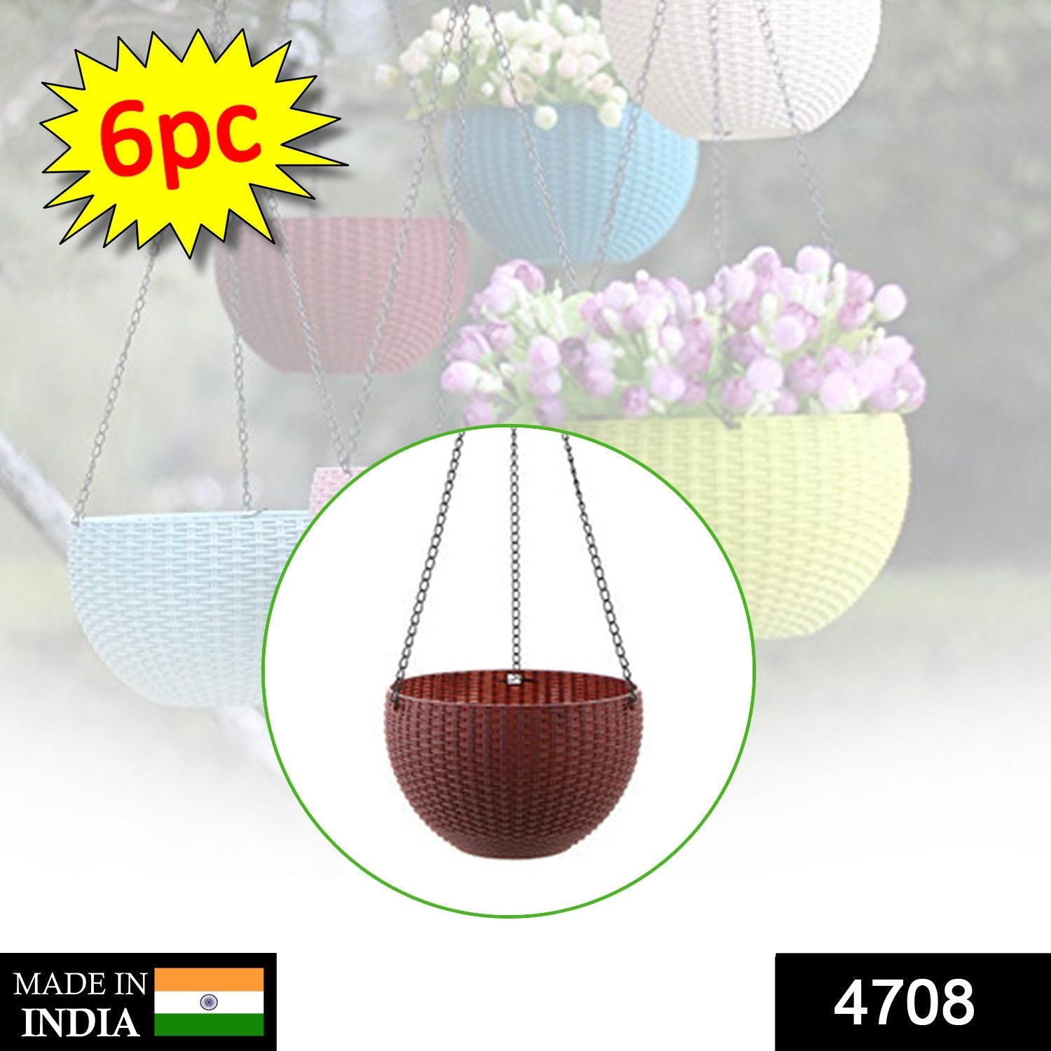 4708 Plastic Hanging Flower Pot and Flower Pot with Chain (6 Pc)