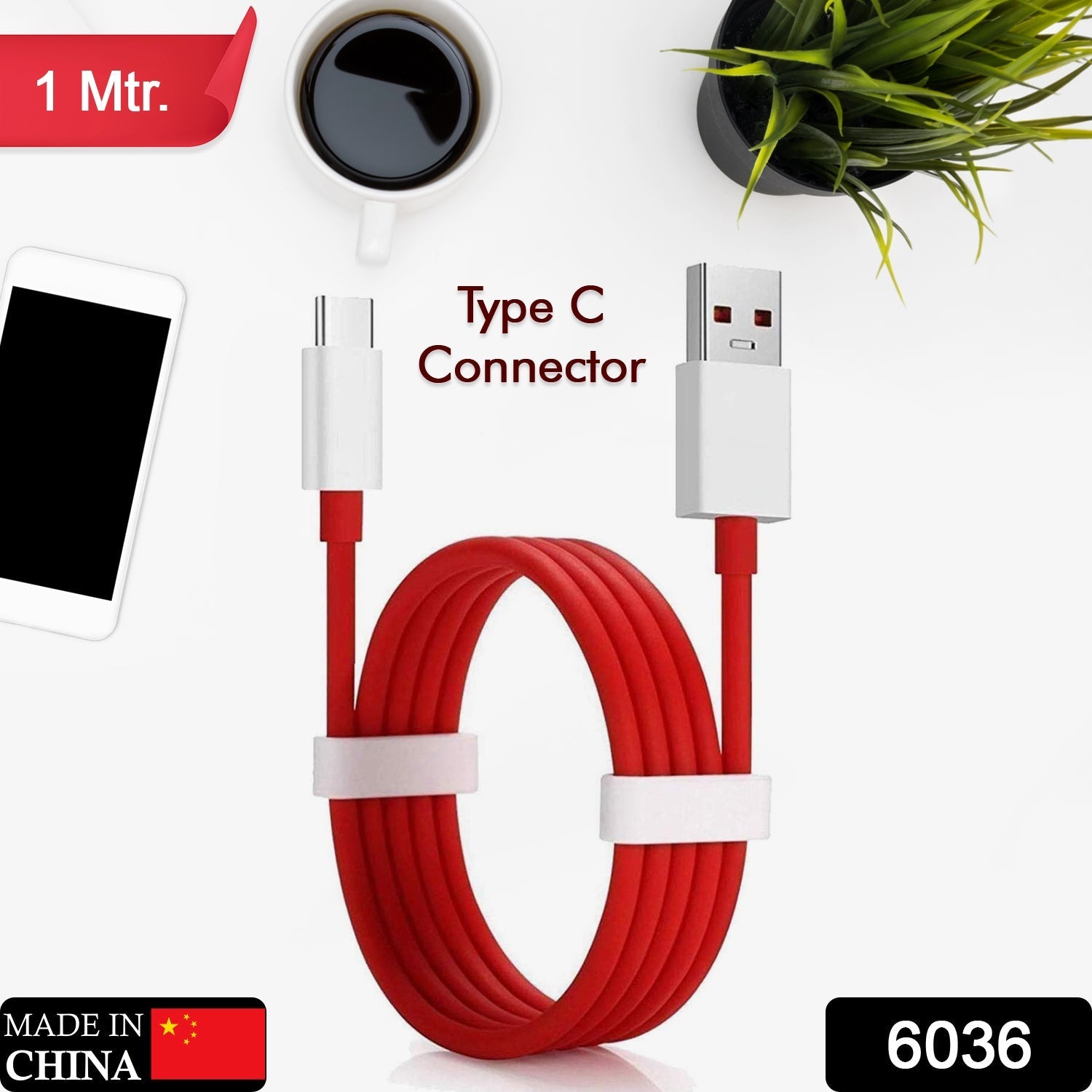 6036 Unique Type C Dash Charging USB Data Cable | Fast Charging Cable | Data Transfer Cable For All C Type Mobile Use 1 Meter ( RED )