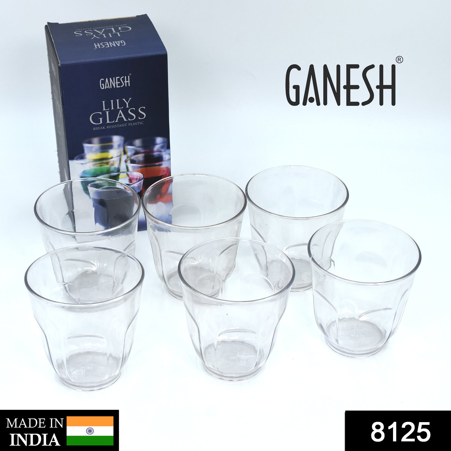 8125 Ganesh Lily glass Break Resistant plastic set of 6Pcs (300 Ml)