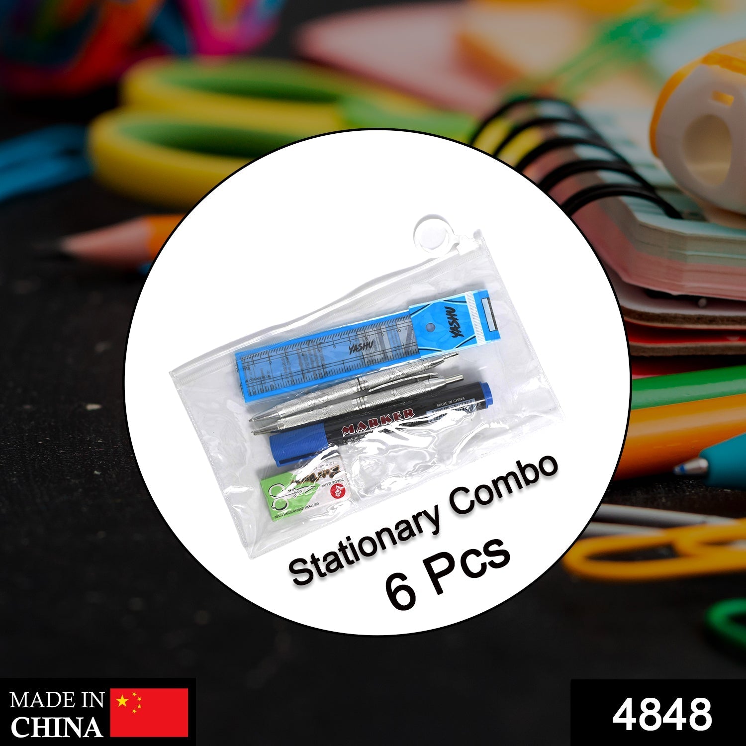 4848  6-Pcs Combo Zipper Pouch scissor Ruler Pen And Marker Used While Studying By Teachers And Students In Schools And Colleges Etc.