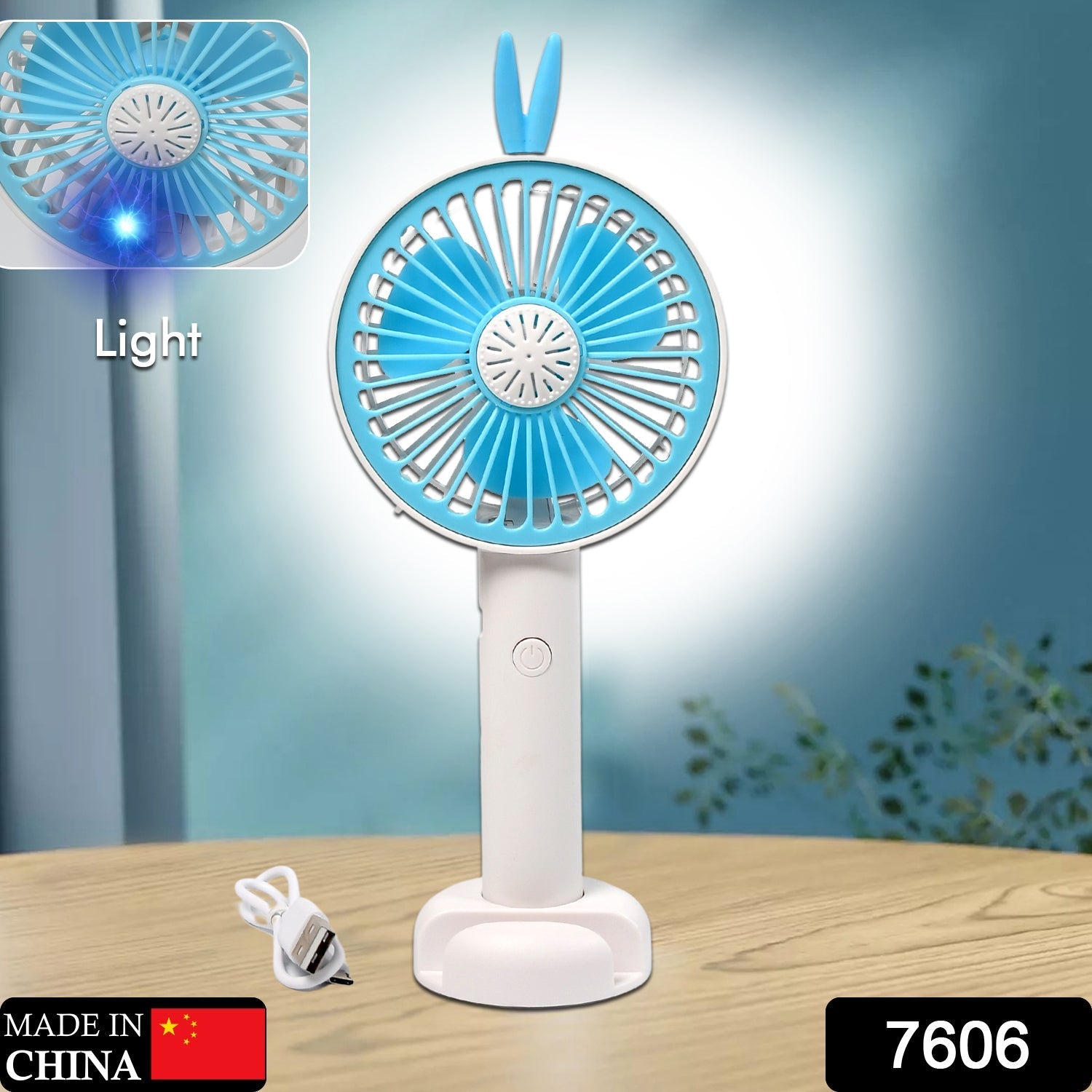 7606 Mini Portable Hand Fan USB Rechargeable Fan With Led Light Fan for Indoor and Outdoor Use by Women and Men Table Standing Stand Included