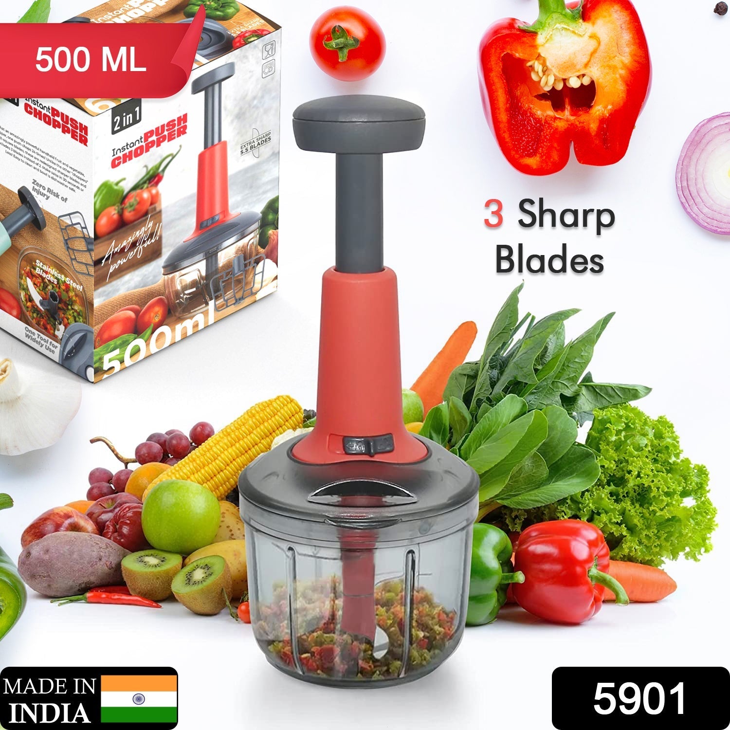 5901 Matte Finish Manual Hand Press Chopper for Kitchen, Mini Handy & Compact Chopper with 3 Blades for Effortlessly Chopping Vegetables & Fruits for Your Kitchen. 