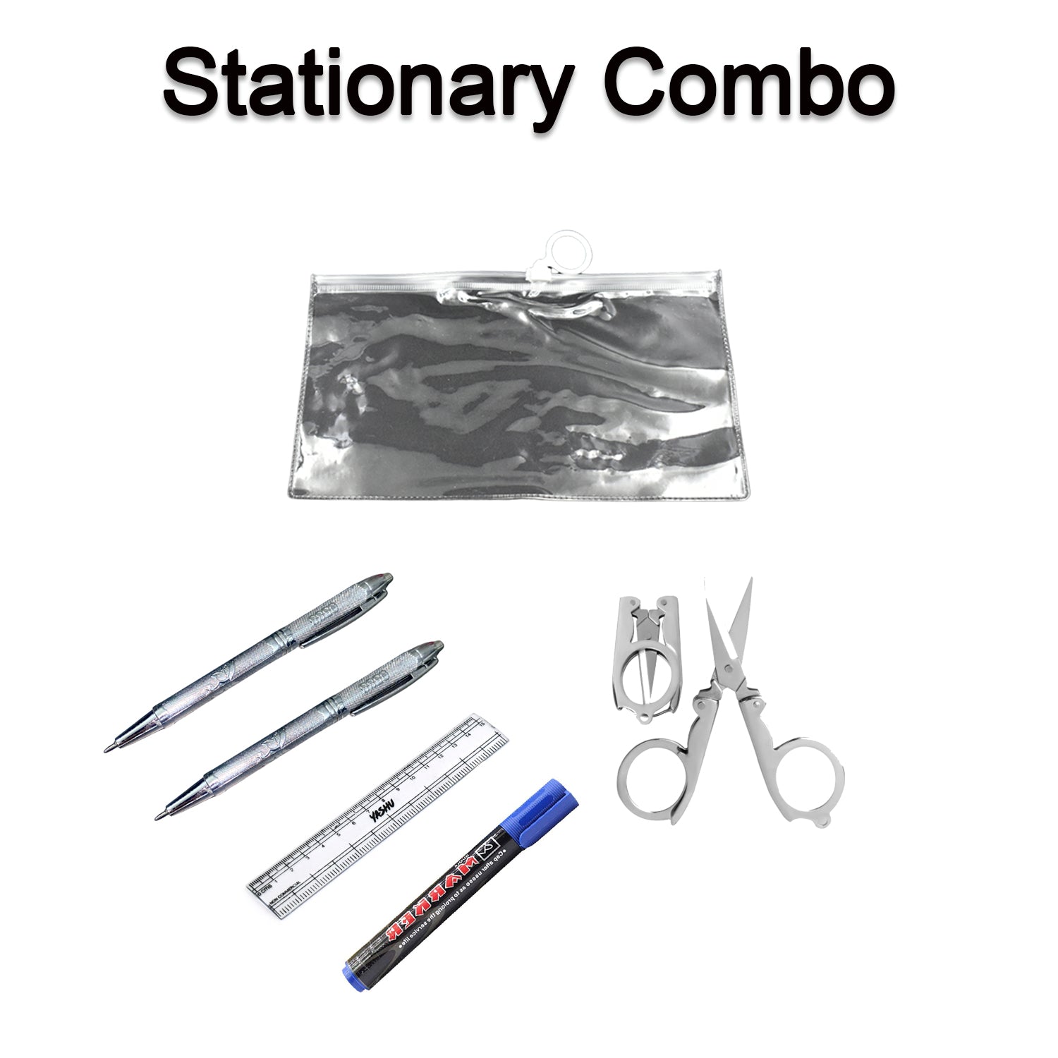 4848  6-Pcs Combo Zipper Pouch scissor Ruler Pen And Marker Used While Studying By Teachers And Students In Schools And Colleges Etc.