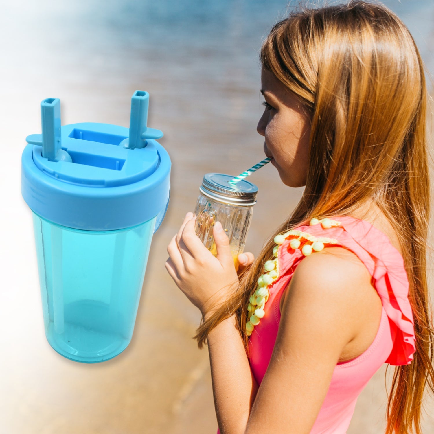 7125 2 Drinks in 1 Cup Water Bottle, Stable Sturdy Dual Use Bottle 2 Straws for Shopping Travel for Outdoor Activities (1 Pc)