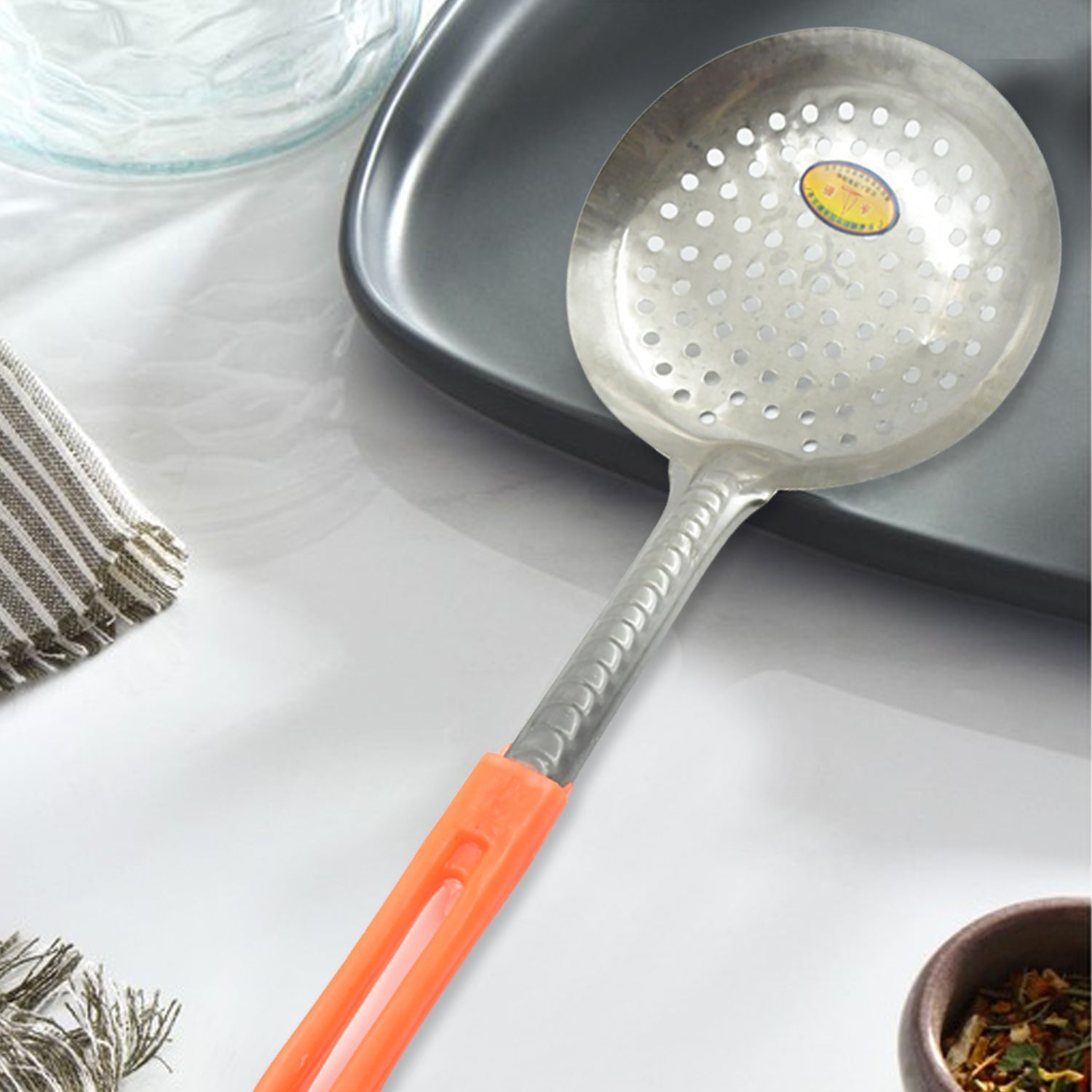 Colander Spoon, Non Slip Hand Polished Thickened Hot Pot Spoon for Kitchen for Restaurant, Stainless Steel Cooking Colander Skimmer Slotted Spoon Kitchen Strainer Ladle with Long Handle for Kitchen Cooking Baking (35 Cm & 34Cm)