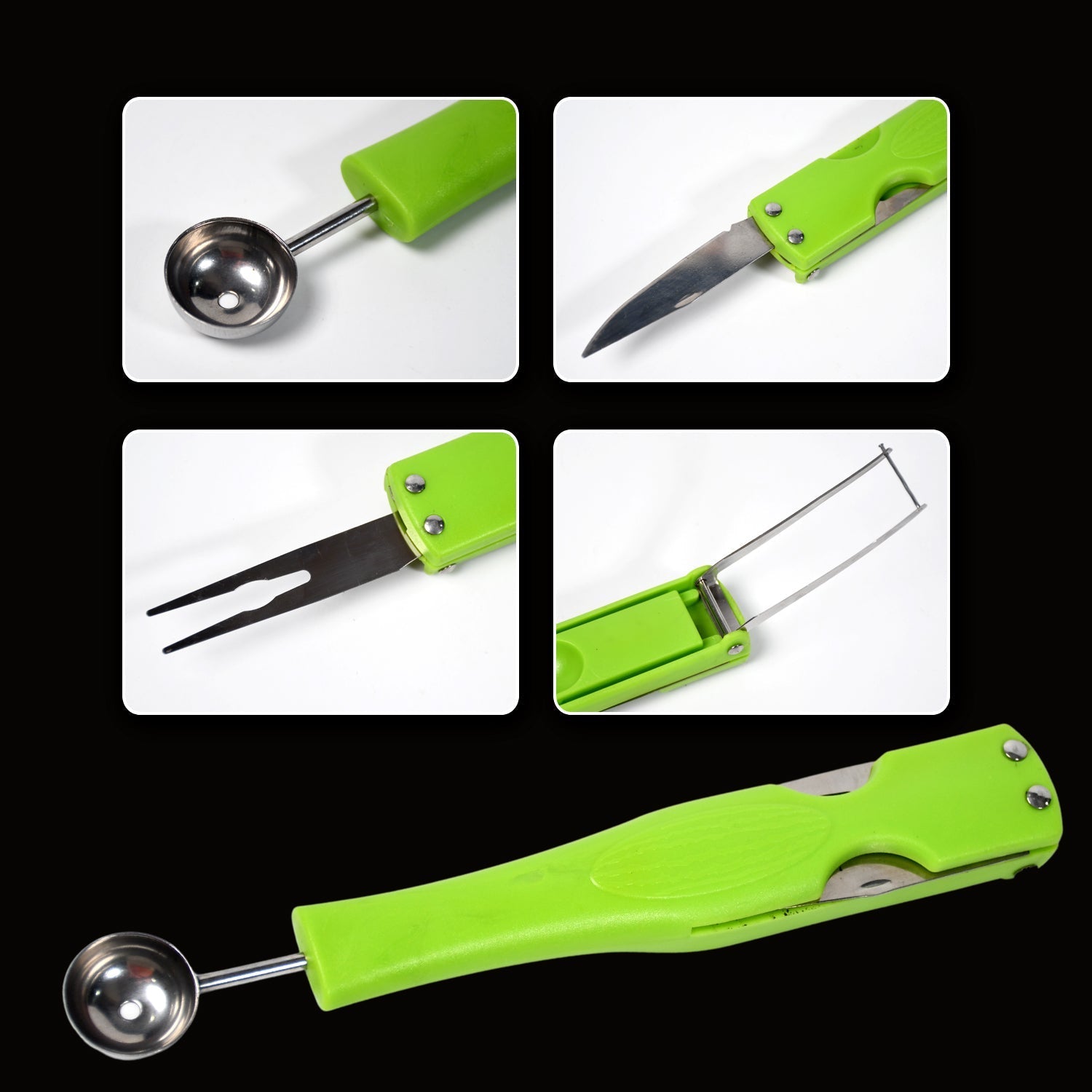 2814 Stainless Steel Fruit Scooper Seed Remover Melon Baller Carving Knife Double Sided Melon Baller for Watermelon Ice Cream.