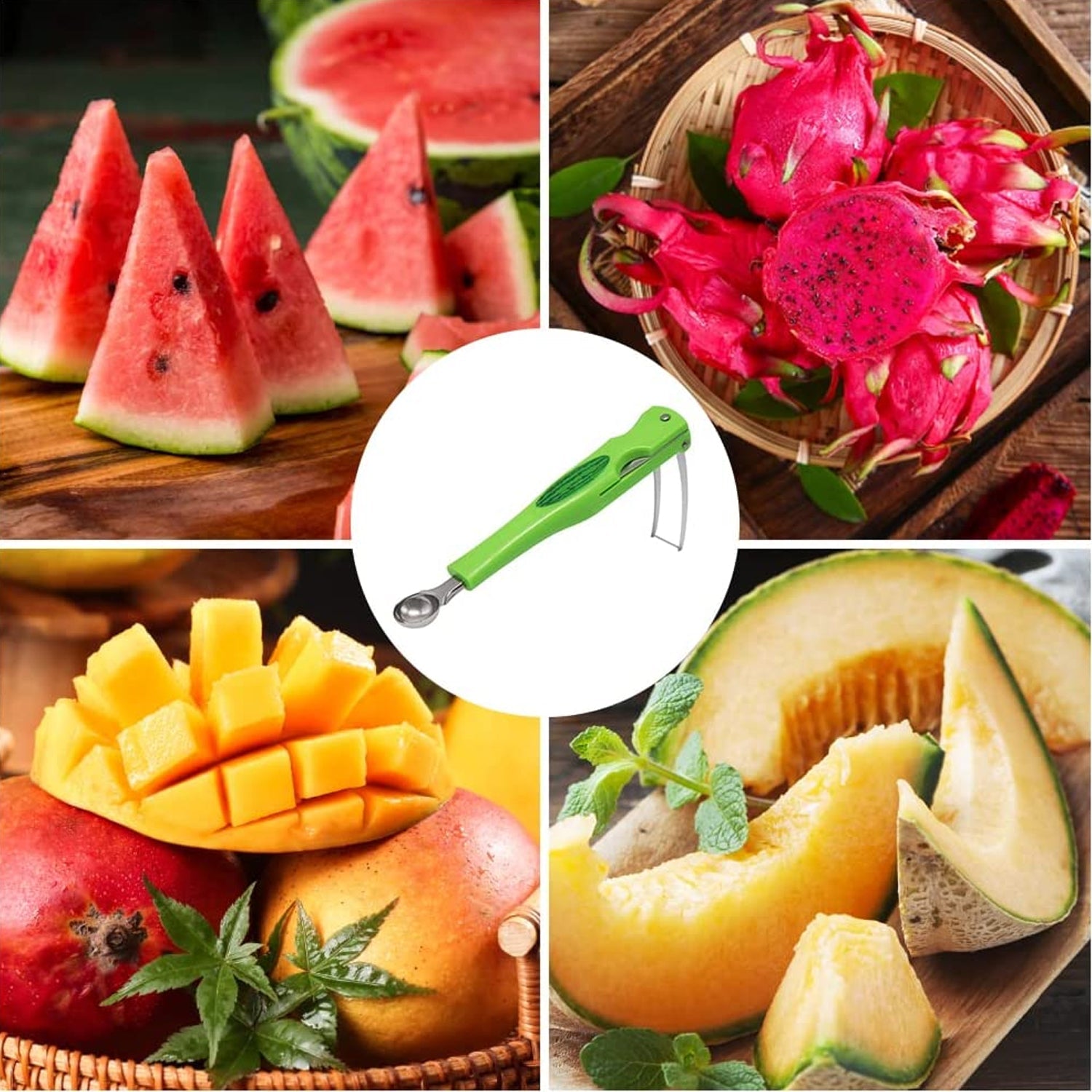 2814 Stainless Steel Fruit Scooper Seed Remover Melon Baller Carving Knife Double Sided Melon Baller for Watermelon Ice Cream.