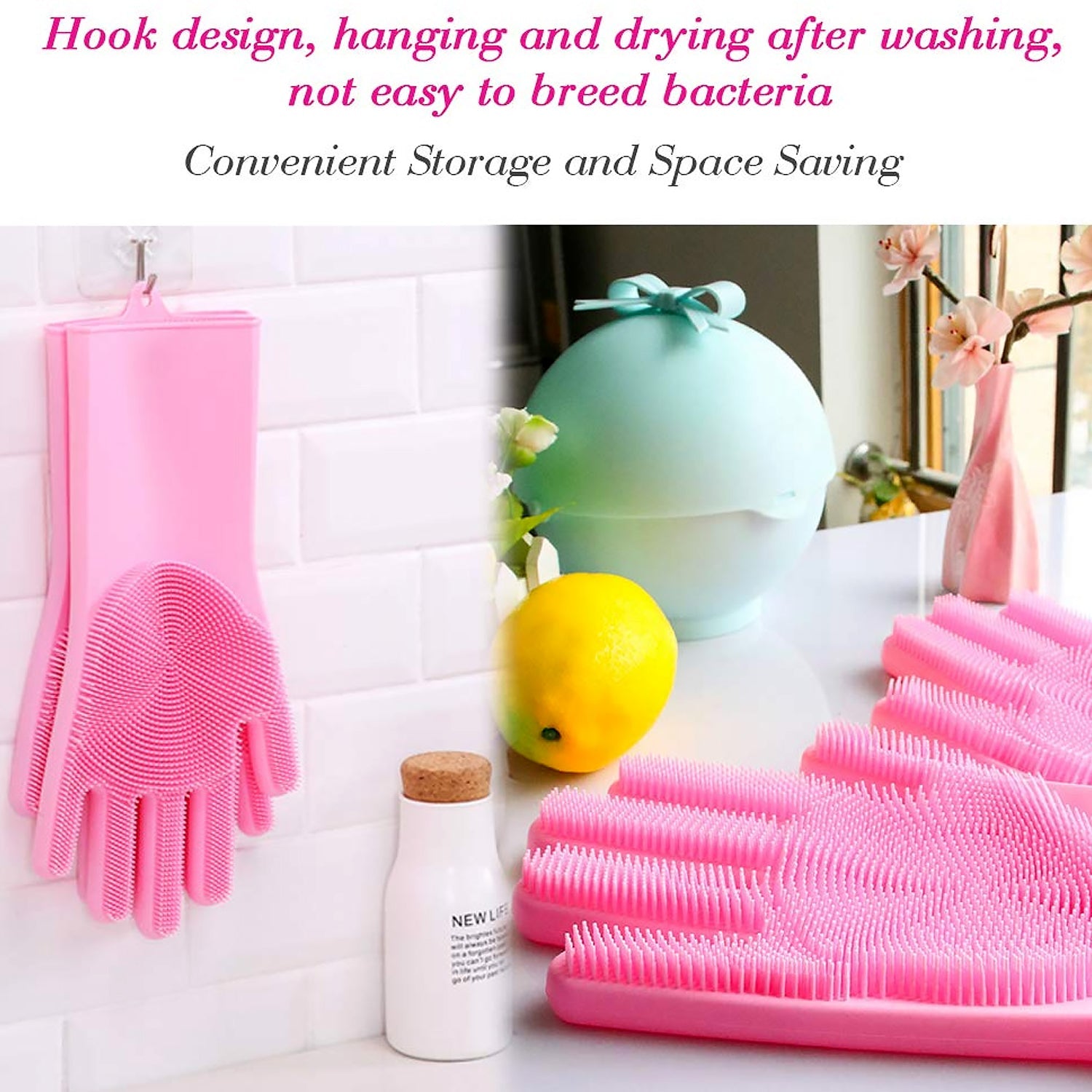 17723 Dishwashing Gloves with Scrubber| Silicone Cleaning Reusable Scrub Gloves for Wash Dish Kitchen| Bathroom| Pet Grooming Wet and Dry Glove (1 Pair, 250 Gm)