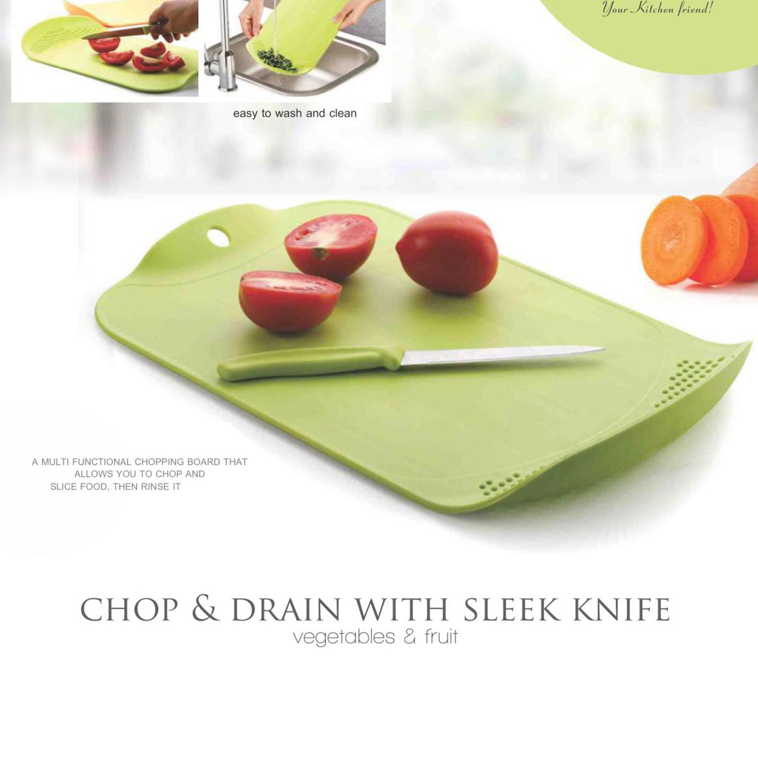 2389A Chop & Drain Vegetables Fruits Chopping Board Sleek Knife