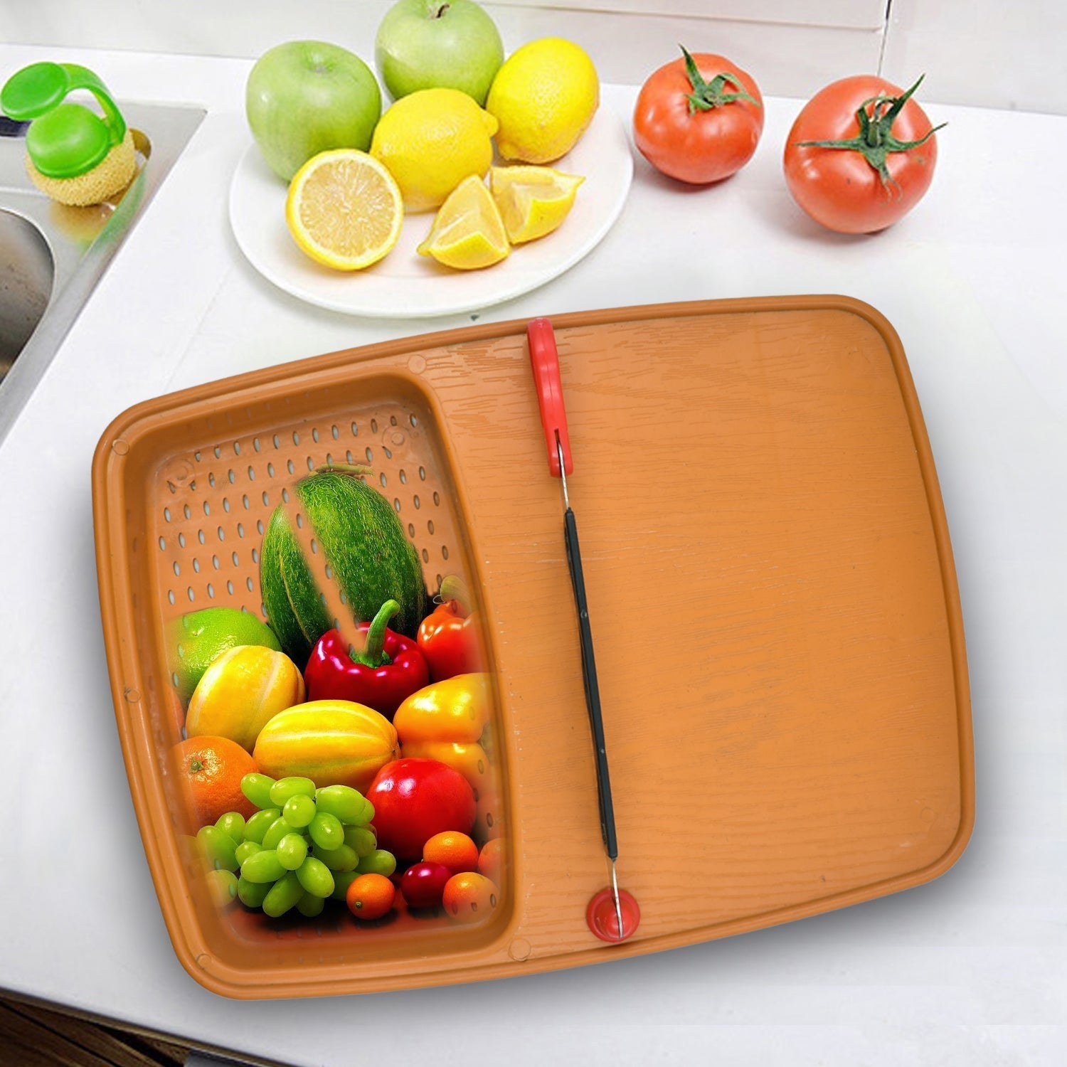 2103 Thick Plastic Kitchen Chopping Cutting Slicing Tray with Holder