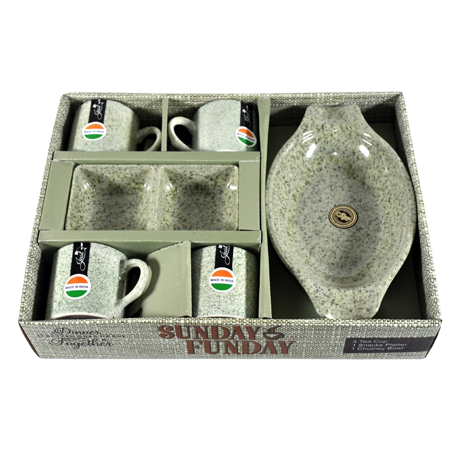 8240 Sunday Funday Ceramic Tea / cups / Mug With Plastic Snacks Platter and 2 compartment Chutney Bowl Milk Cup, Coffee Cup, Breakfast Cup, Drinking Mug or Outdoor for Household, Gift for Birthday, Wedding Party (6 Pcs set)