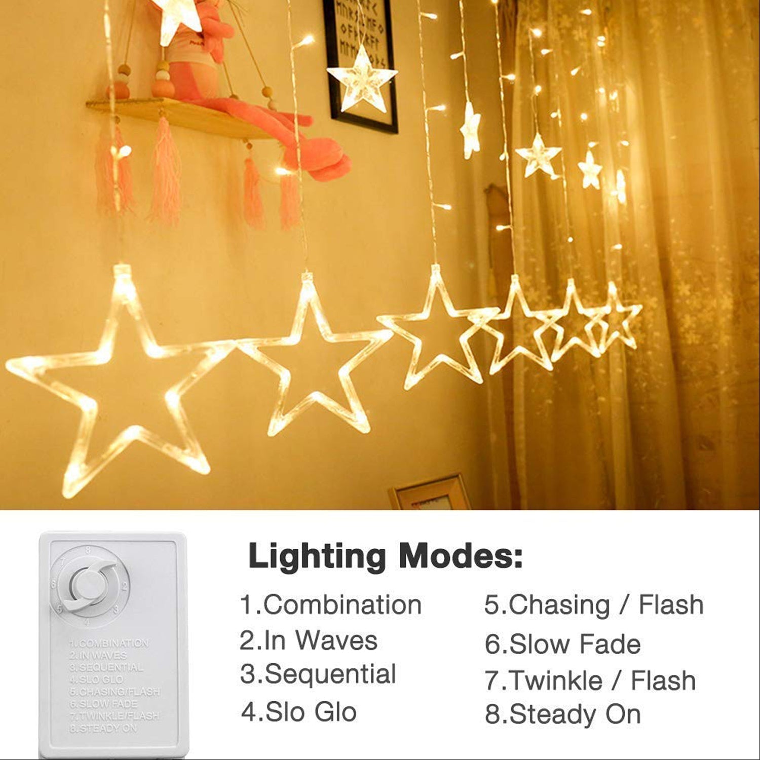 1253 12 Stars Curtain String Lights, Window Curtain Lights with 8 Flashing Modes Decoration for Festivals-11