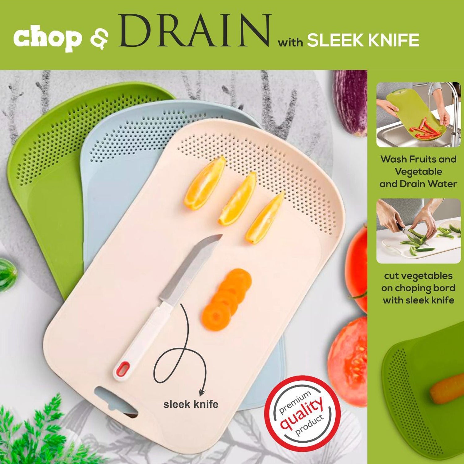 2389A Chop & Drain Vegetables Fruits Chopping Board Sleek Knife