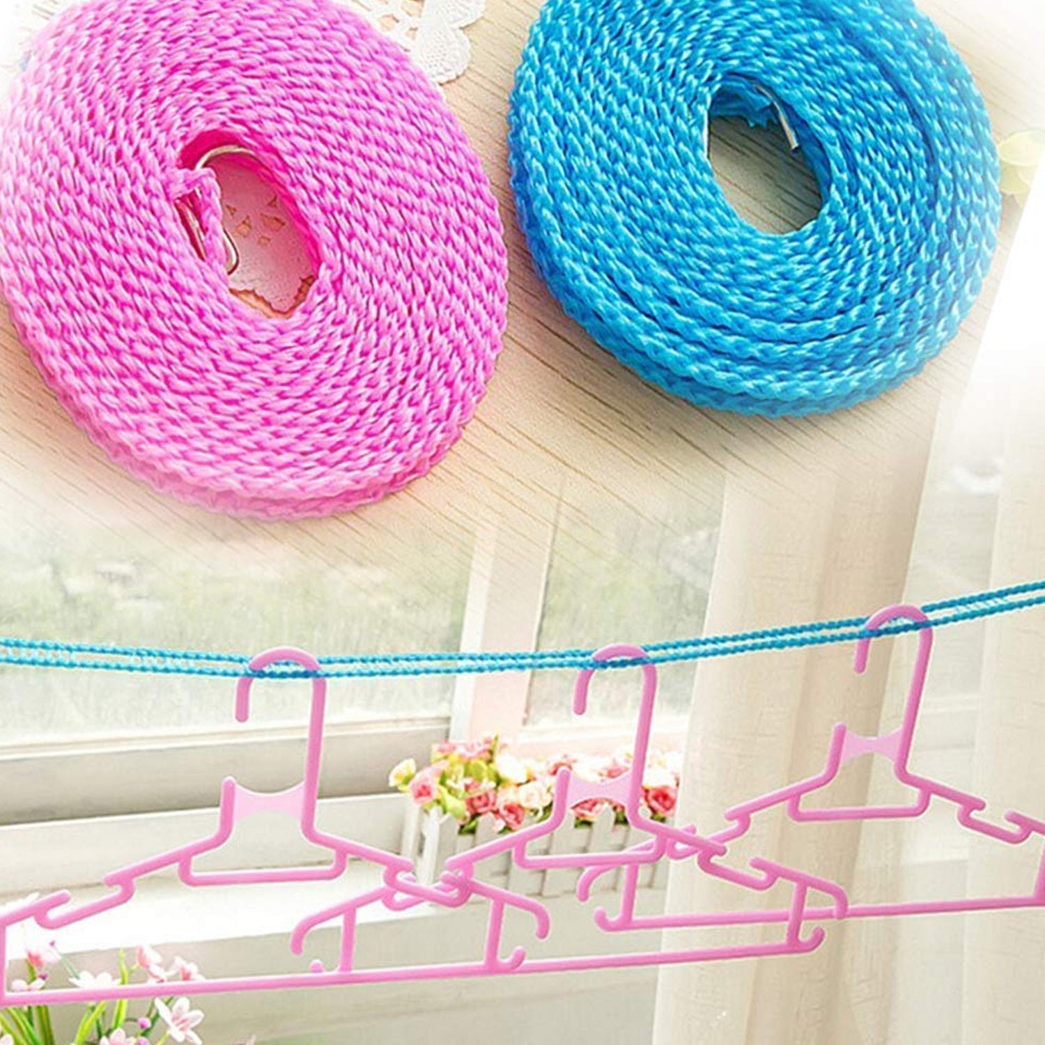 8861 3 Meters Fiber Rope Anti-Slip Clothes Washing Drying Nylon Rope Japan Style Rope with Hooks, Durable Camping Clothesline Portable Clothes Drying Line Indoor Outdoor Laundry Storage for Travel Home Use (3 Mtr.)