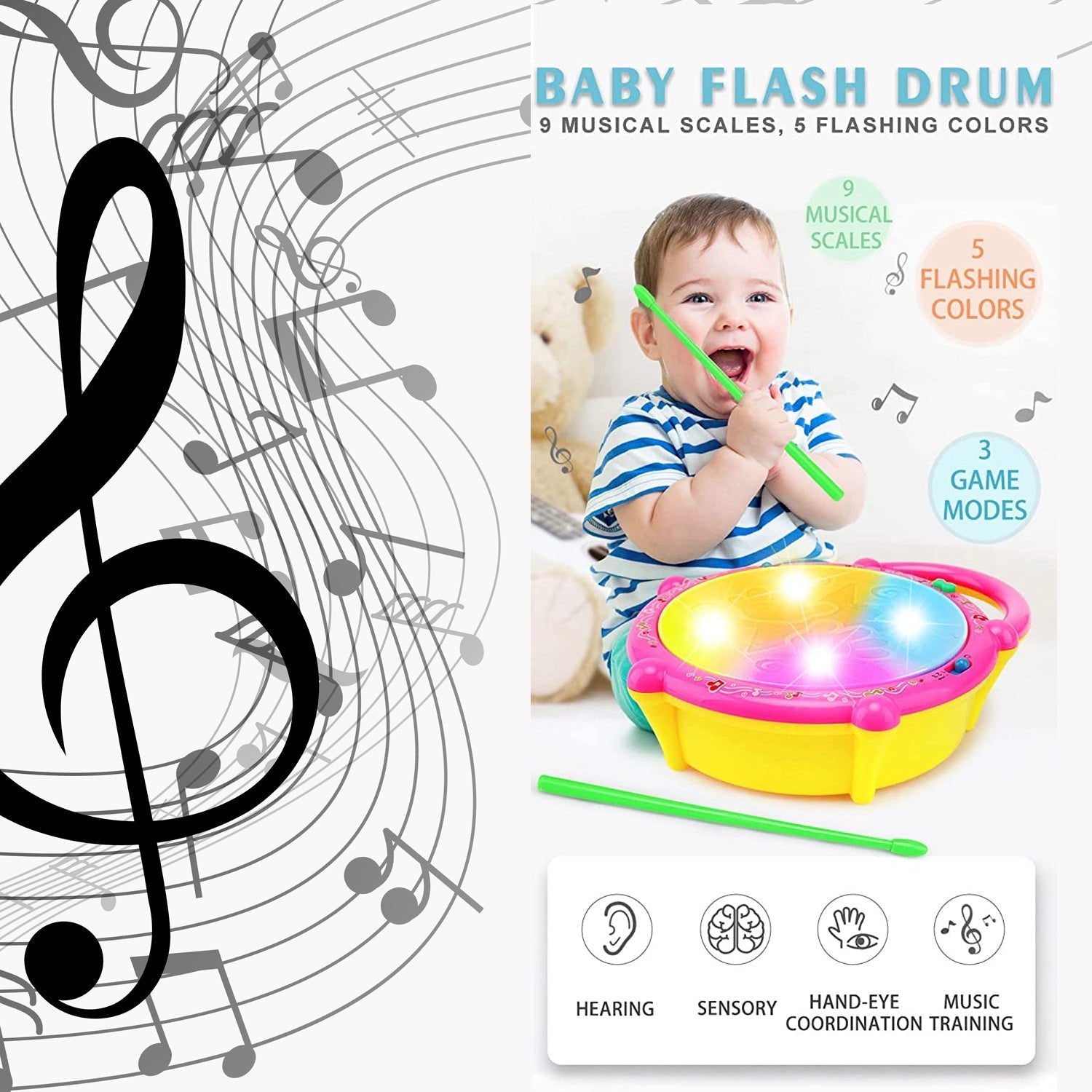 4461 Flash Drum Toys for Kids with Light & Musical Sound Colorful Plastic Baby Drum Musical Toys for Children Baby Toy Instrument Best Gift for Boys & Girls.