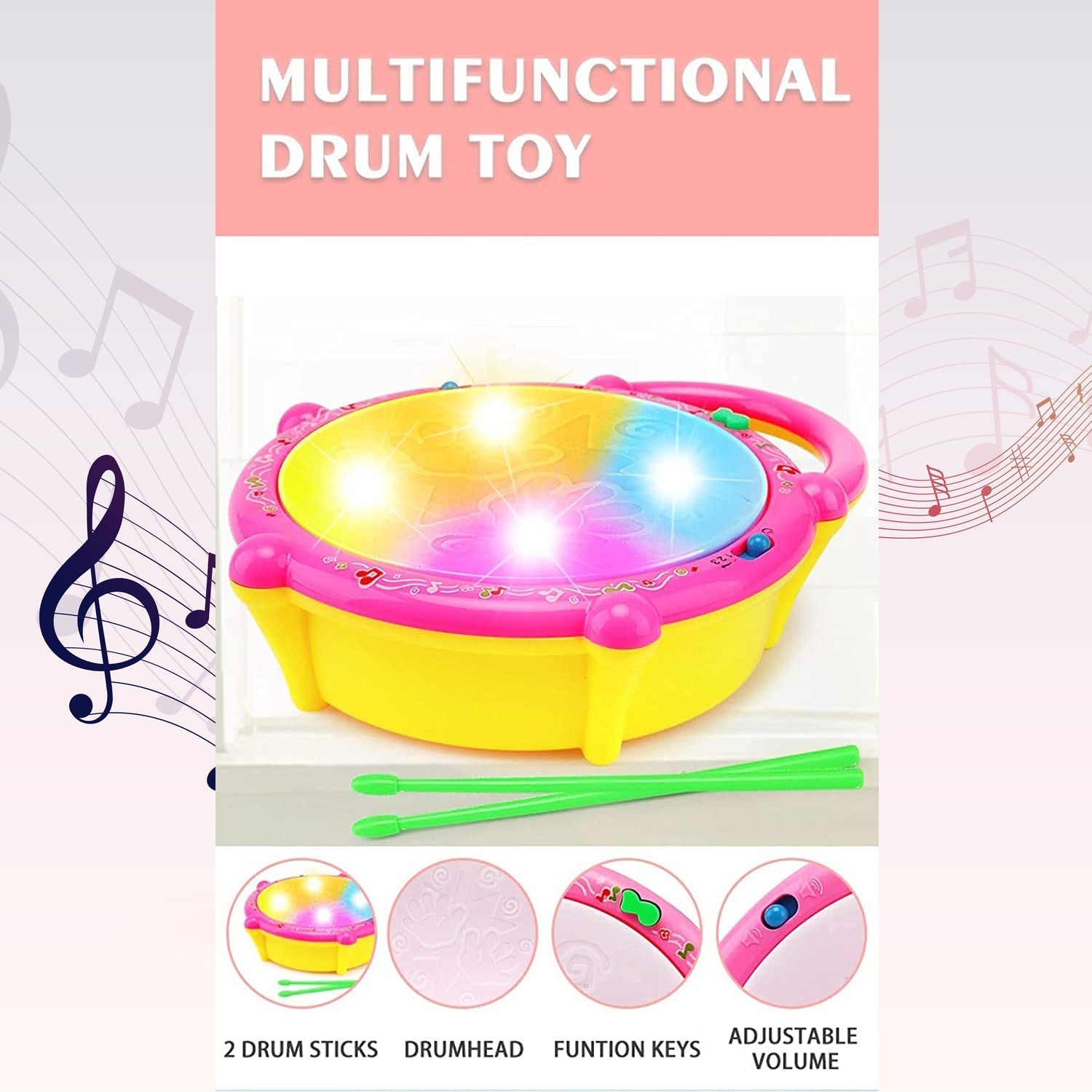 4461 Flash Drum Toys for Kids with Light & Musical Sound Colorful Plastic Baby Drum Musical Toys for Children Baby Toy Instrument Best Gift for Boys & Girls.