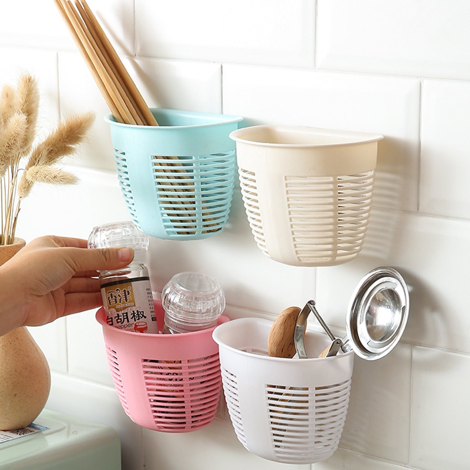 8825 Hanging Plastic Storage Basket, Adhesive Wall Mounted Organizer Box Make Up Holder Shelf Bathroom Wall Basket Punch Free Drain Basket for Kitchen Bathroom, Wall Type Storage Basket (1 Pc)