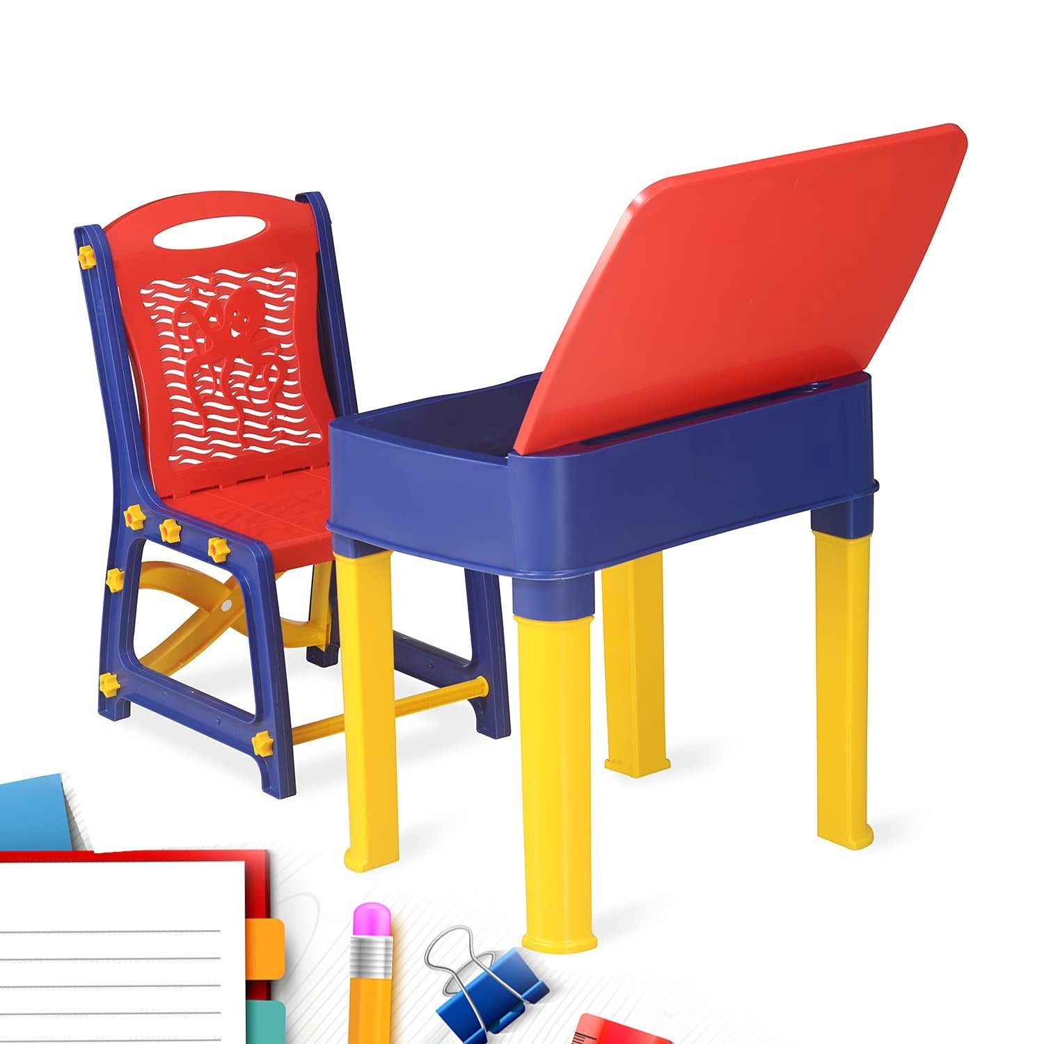 4639 Study Table And Chair Set For Boys And Girls With Small Box Space For Pencils Plastic High Quality Study Table (Red/Blue/Yellow)