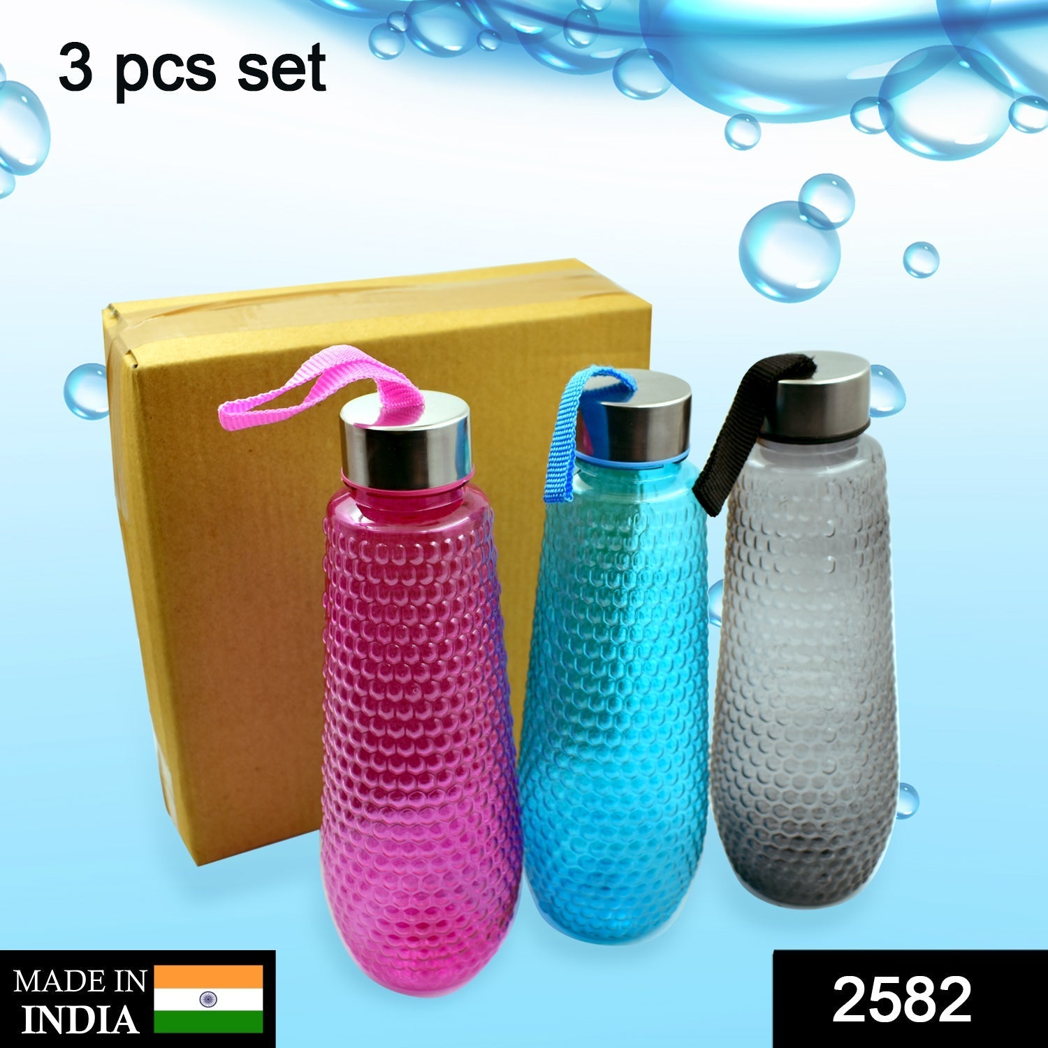 2582 Plastic Fridge Water Set With Steel Finish Cap (3 Pieces 1 litre)