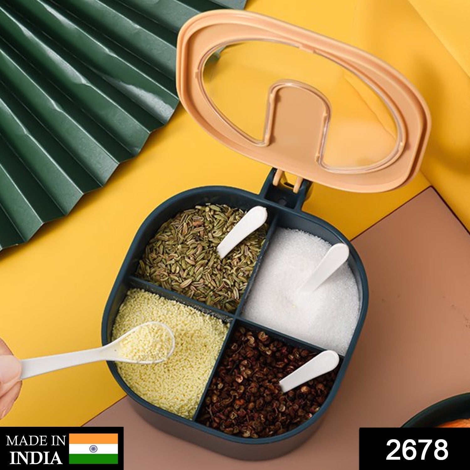 2678 4 Section Fancy Masala Box and fancy masala container used for storing various types of masalas including in kitchen purposes.