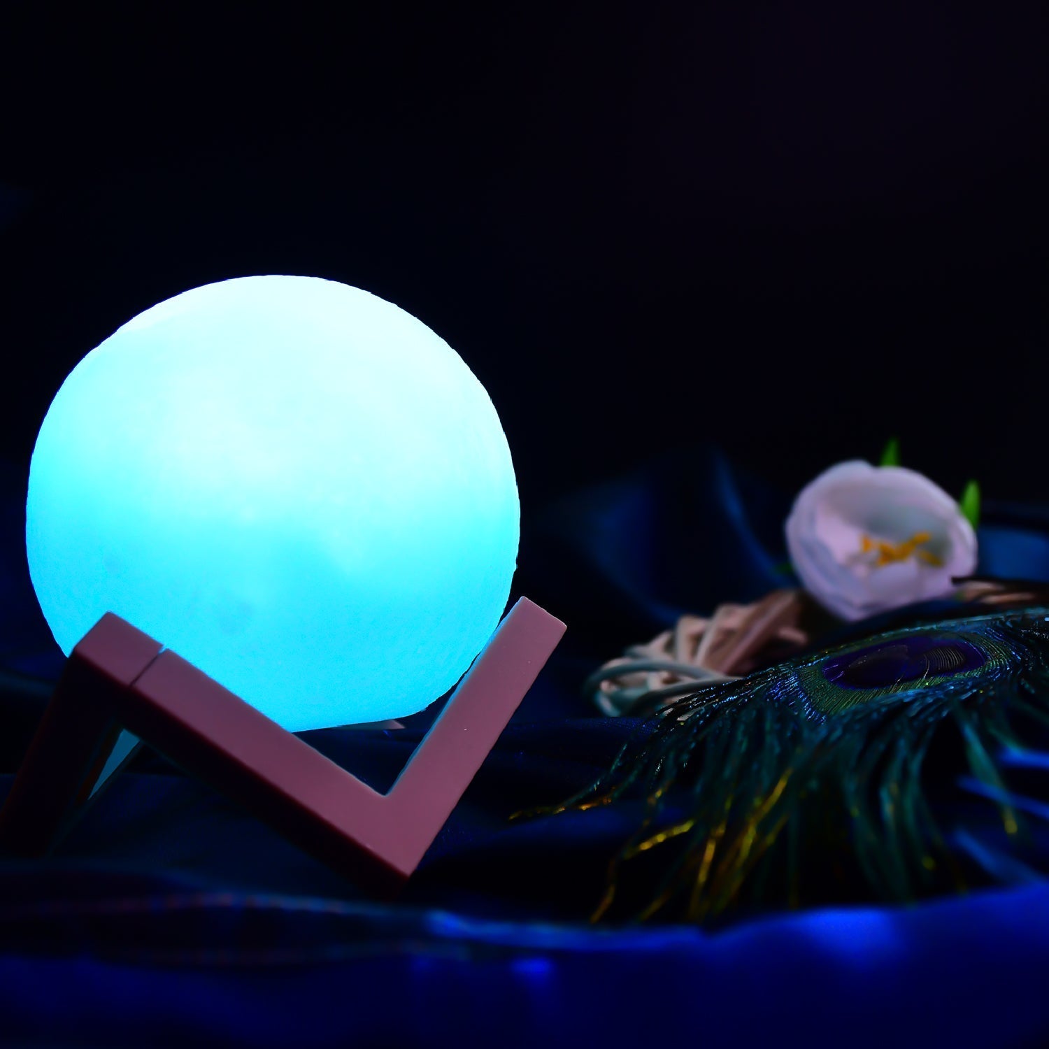 6275 Moon Night Lamp Blue Color with wooden Stand Night Lamp for Bedroom