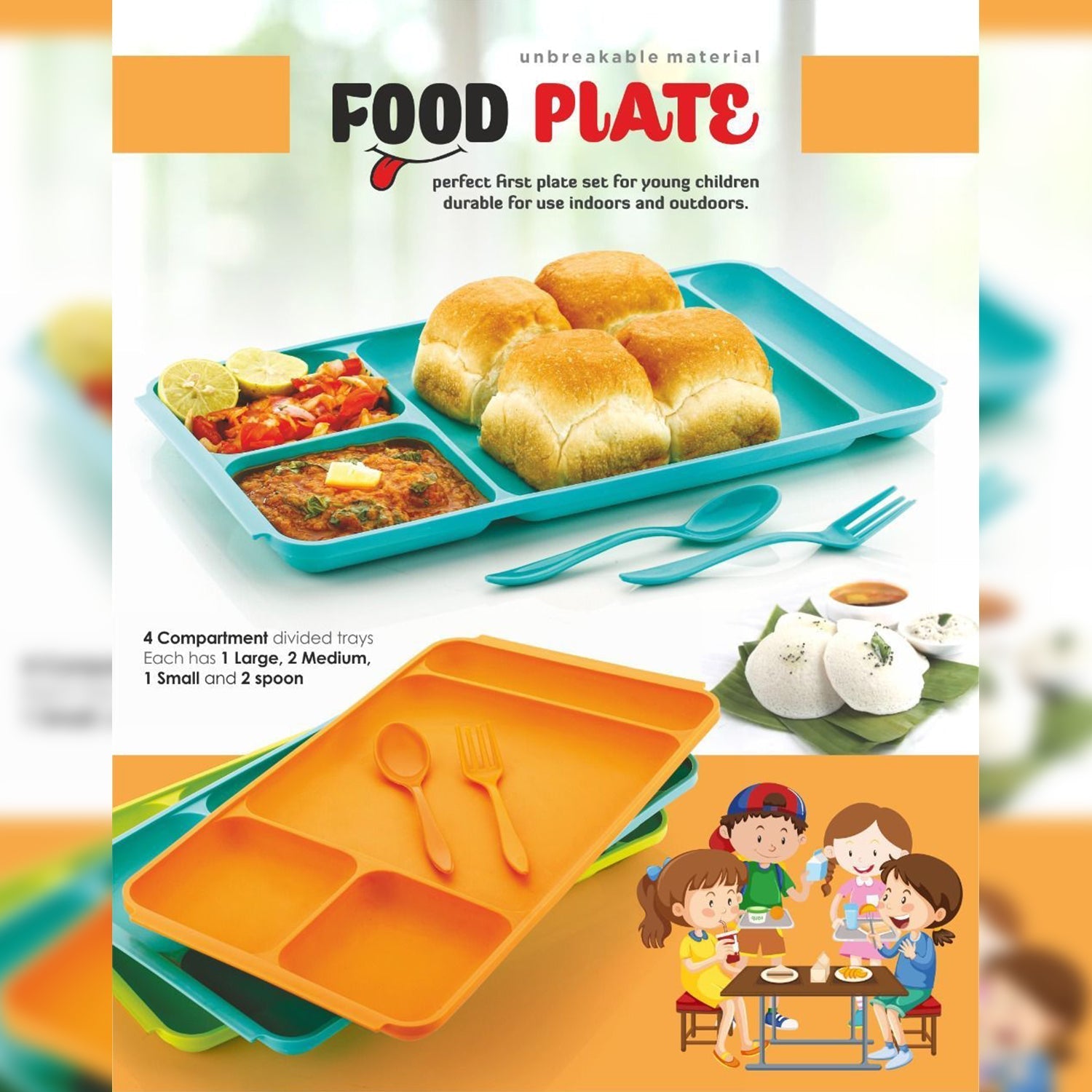 2037 4Compartment Dish with Spoon and Fork(2 Dish Set with 1Spoon and 1Fork) Dinner Plate Plastic Compartment Plate Pav Bhaji Plate 4-Compartments Divided Plastic Food Plate.