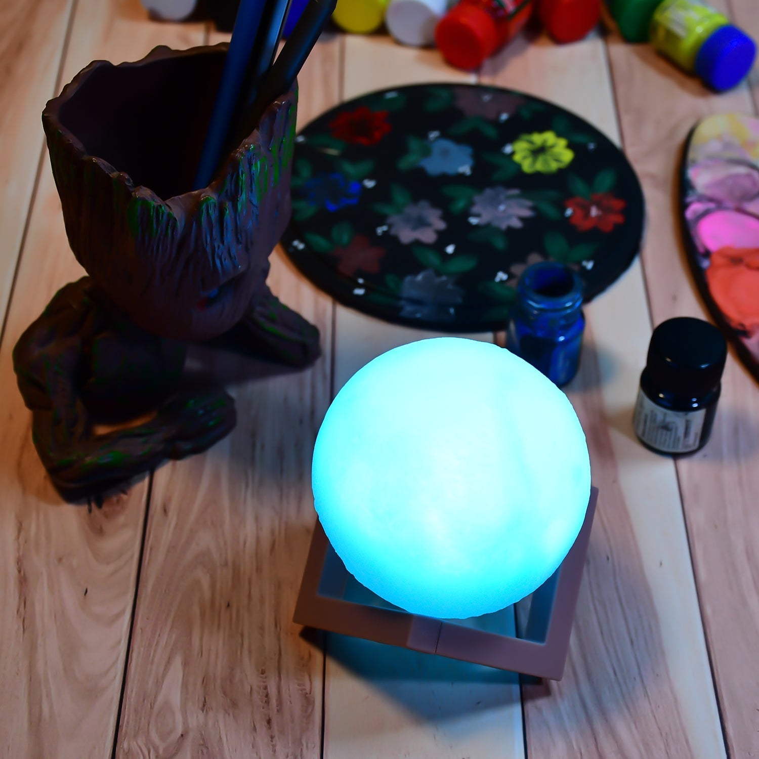 6275 Moon Night Lamp Blue Color with wooden Stand Night Lamp for Bedroom