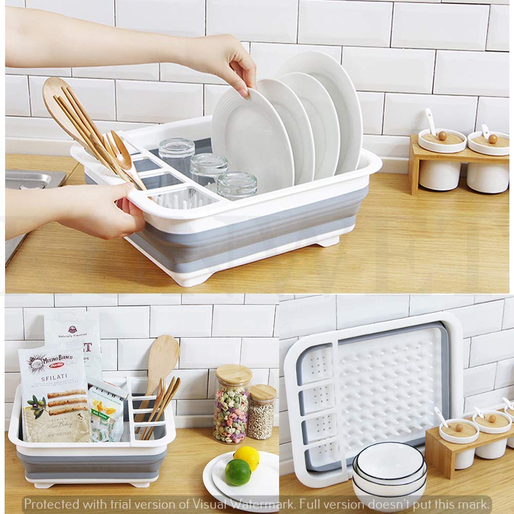 0804A Collapsible Folding Silicone Dish Drying Drainer Rack with Spoon Fork Knife Storage Holder