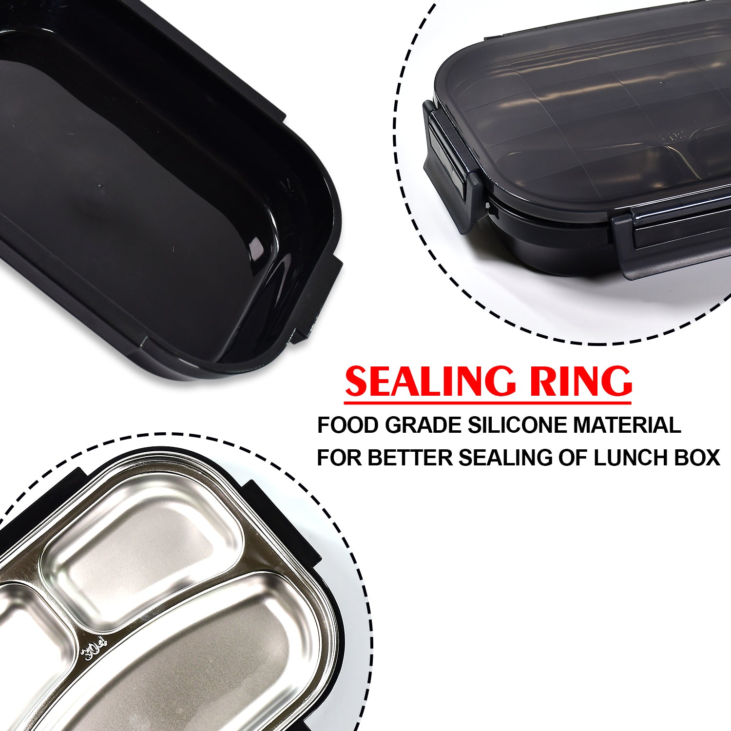 2976 Black Transparent Lunch Box for Kids and adults, Stainless Steel Lunch Box with 3 Compartments. 