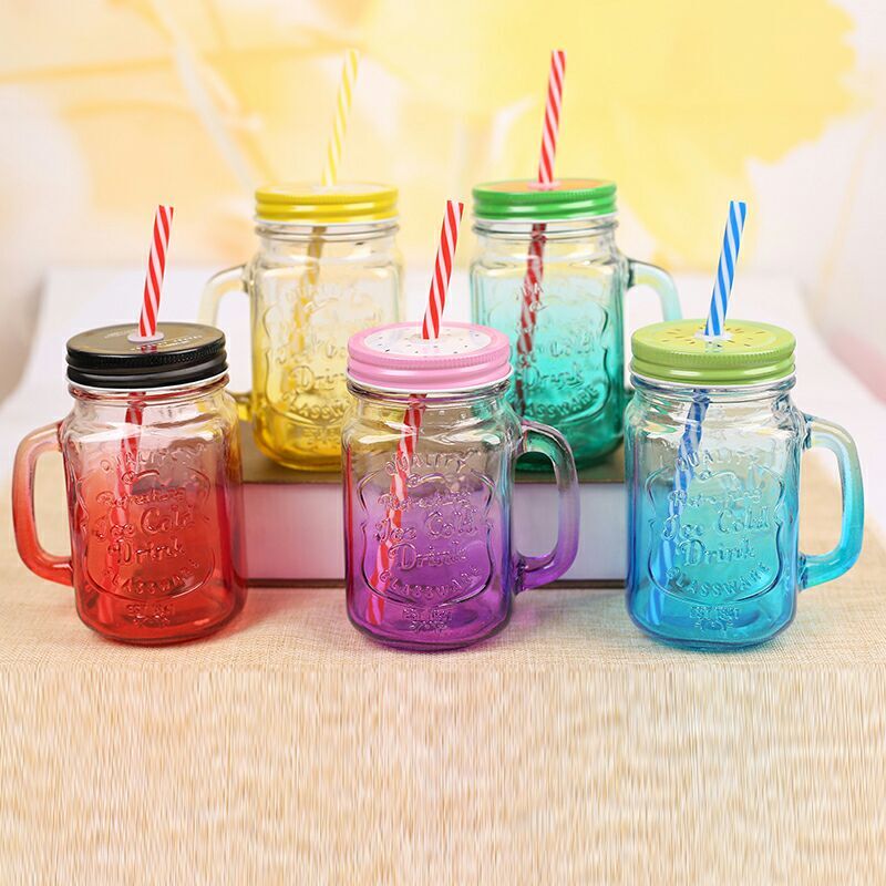 760 Drinking Cup/Glass/Mug Mason Jar with Handle & Straw