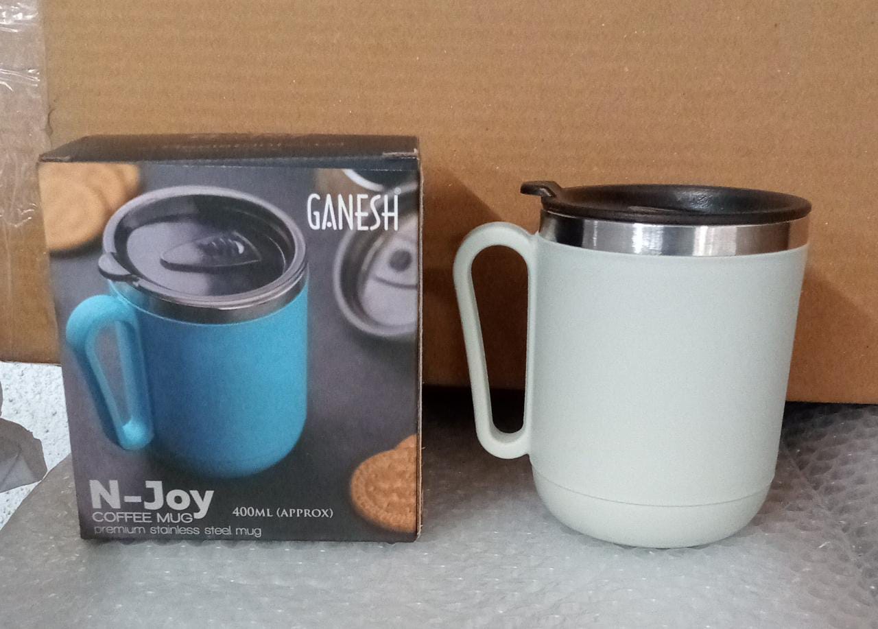 8137 Ganesh Premium Stainless Steel Coffee Mug with heat resistant mug lid. Approx 400Ml mug.