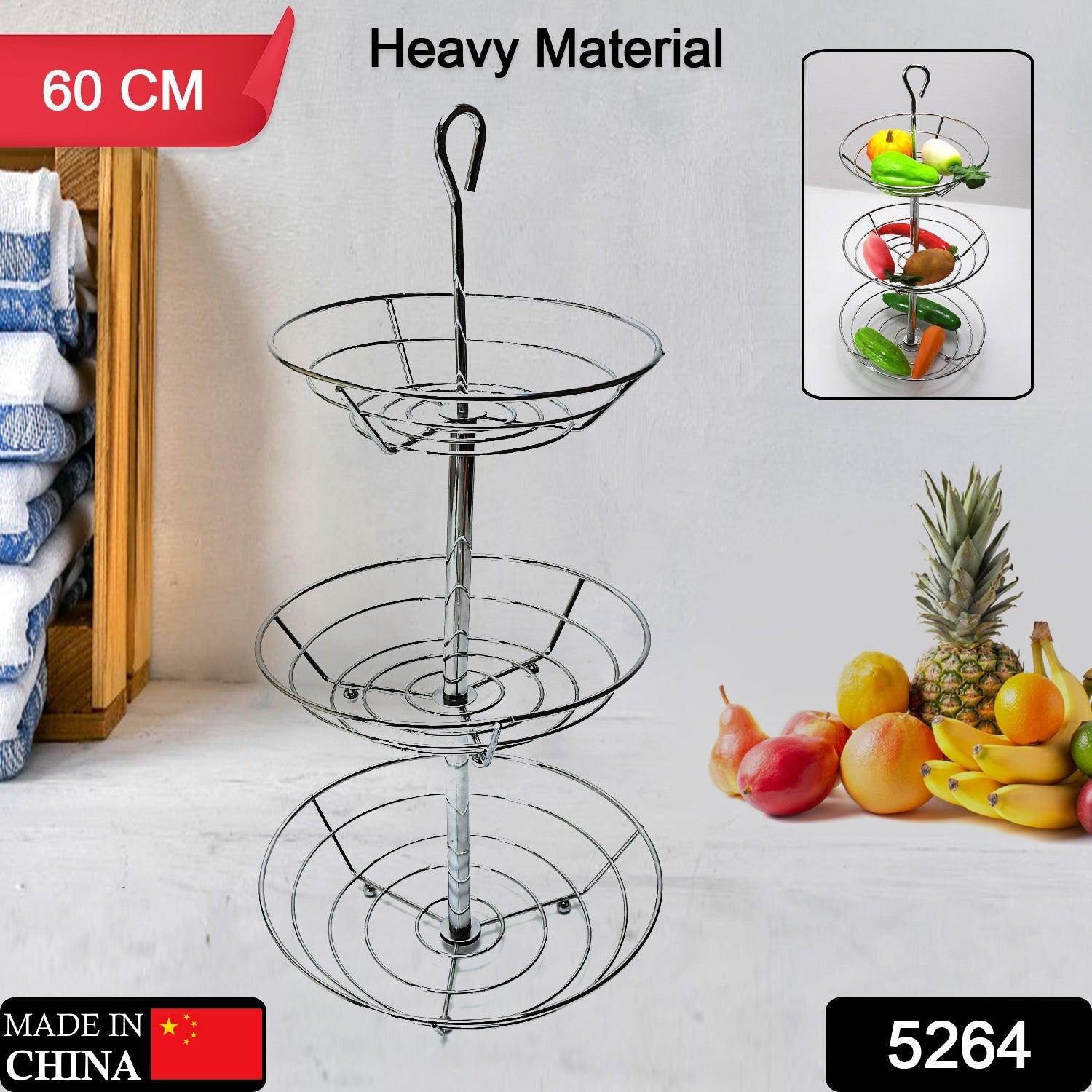 5264 3Tier Fruit Basket, Wire Fruit Bowl or Produce Holder Three Tier Fruit Basket Stand for Storing & Organizing Vegetables, Eggs, etc 