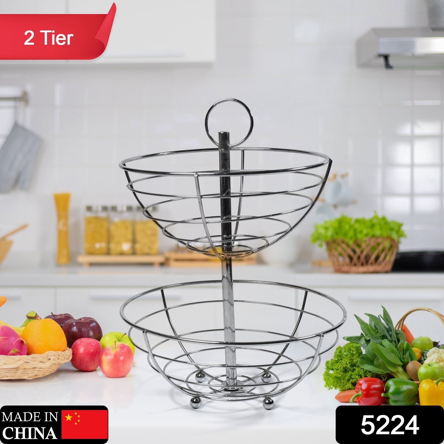 5224  2 Tier Steel Fruit Basket Bowl Fruit Bread Organizer Storage Holder Stand with Modern Design for Gift Home Party 