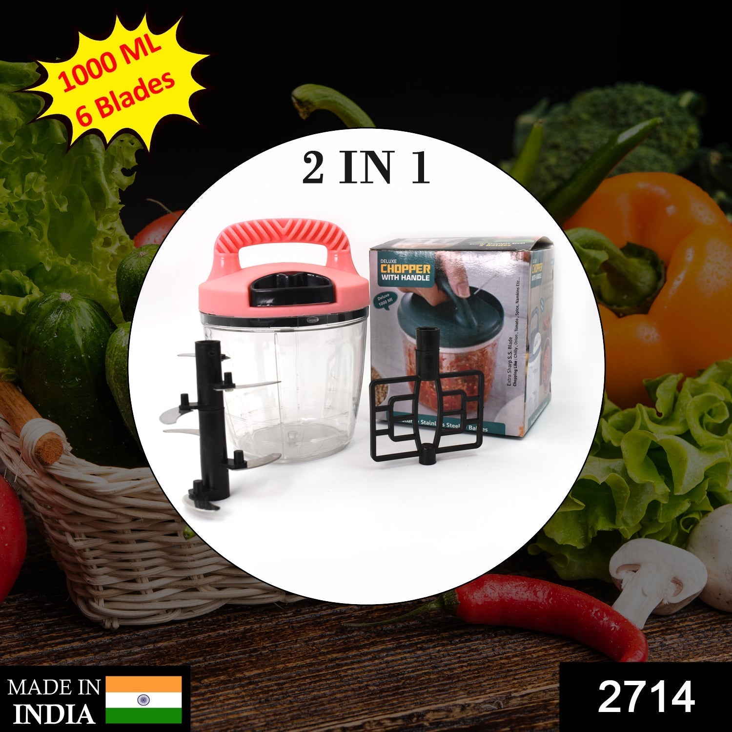 2714 2 in 1 Handy Chopper 1000 ML used widely in all kinds of household kitchen purposes for cutting and chopping of types of vegetables and fruits etc. 