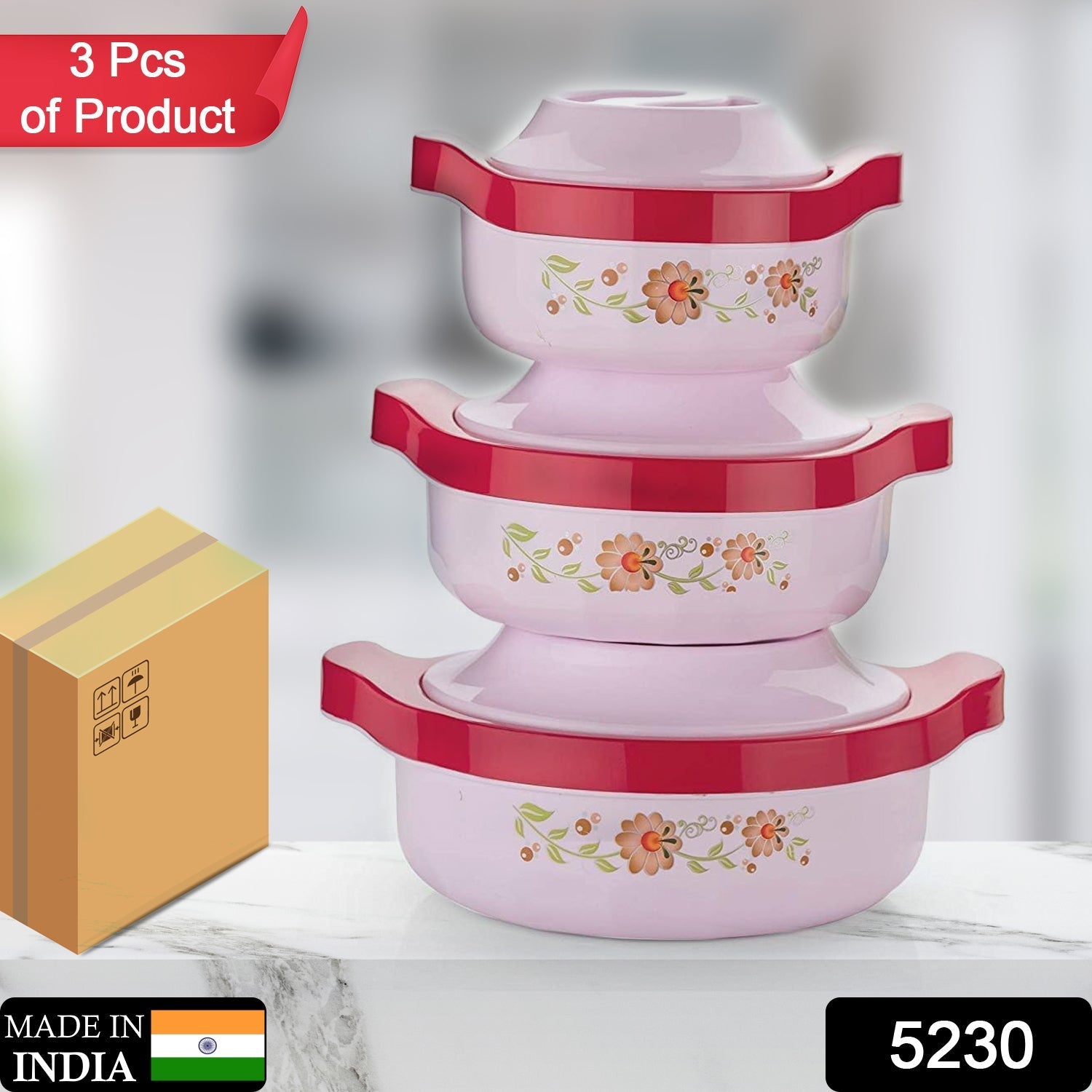 5230 Casserole Set of 3 Premium Casserole Big Size Microwave Safe 3 Pcs Set Floral Print Serve Casserole Set- 800ML,1500 ML and 2500ML 