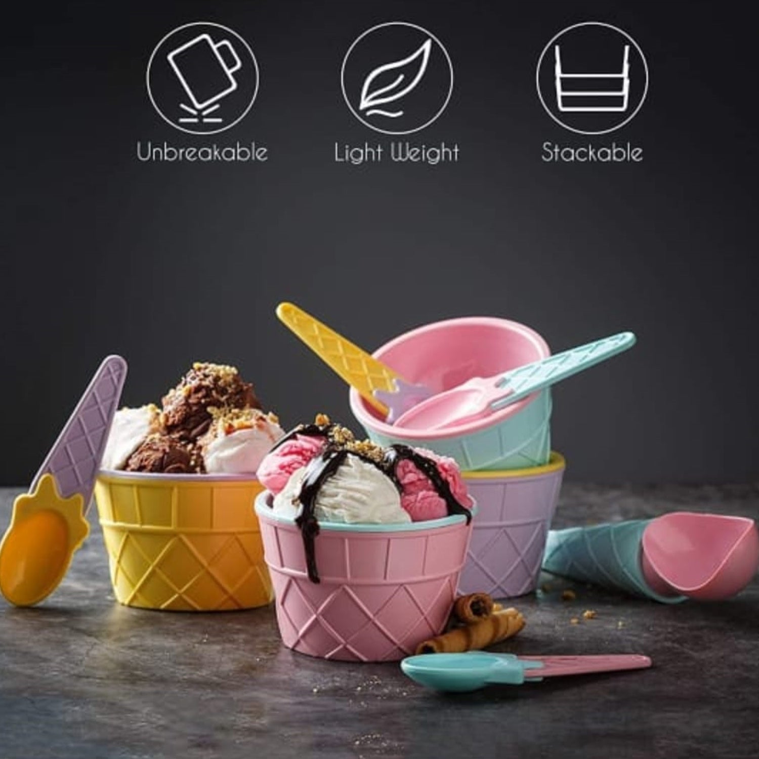 5322 Ice-Cream Waffle Spoon Bowel Cup Set | Premium ice Cream Set | Ice-Cream Bowel with Spoon | 6 units Couple Bowl Set | Color Box 