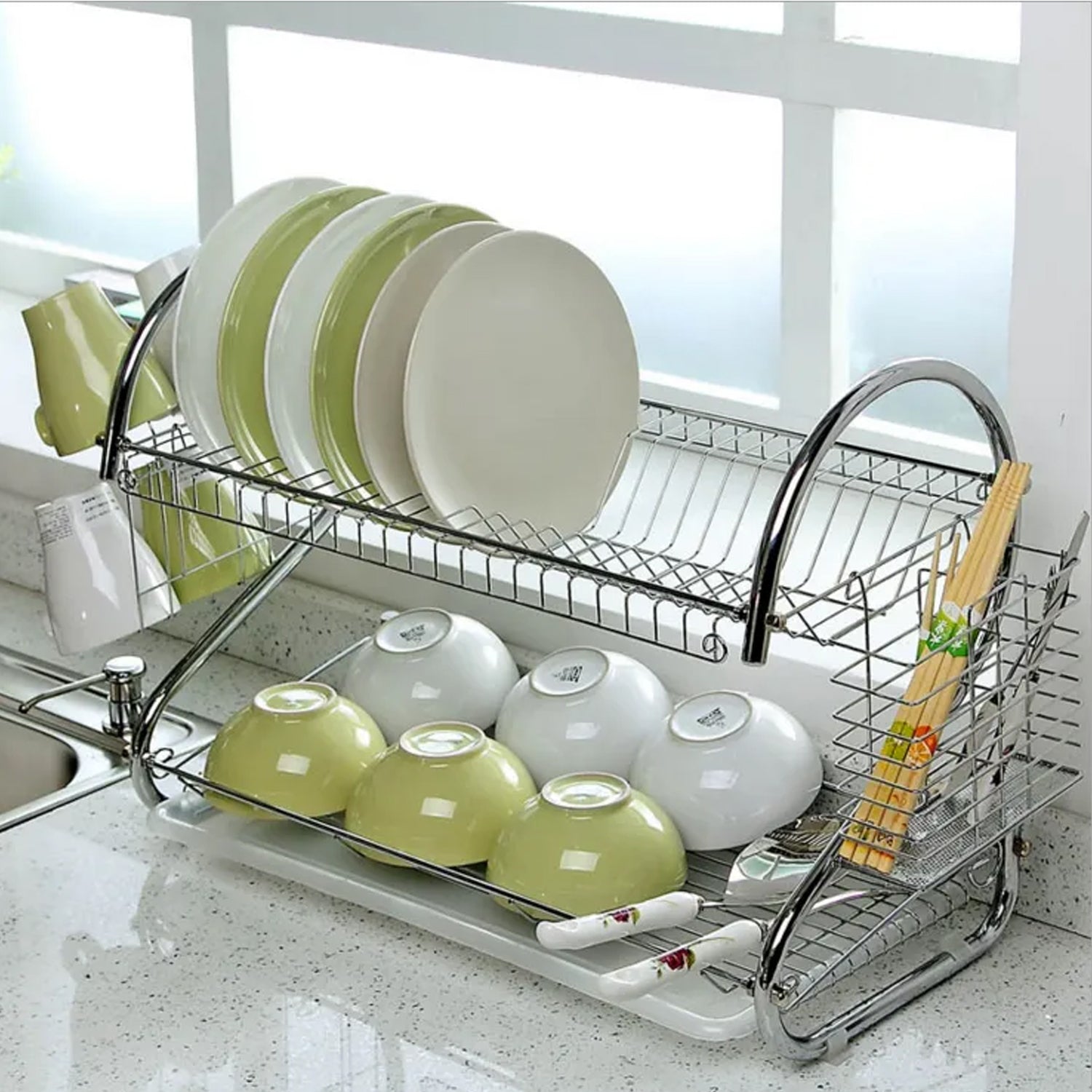 7670 Kitchen Dish Cup Drying Rack 2 Tier Drainer Dryer Tray Cutlery Holder Organizer 59cm 