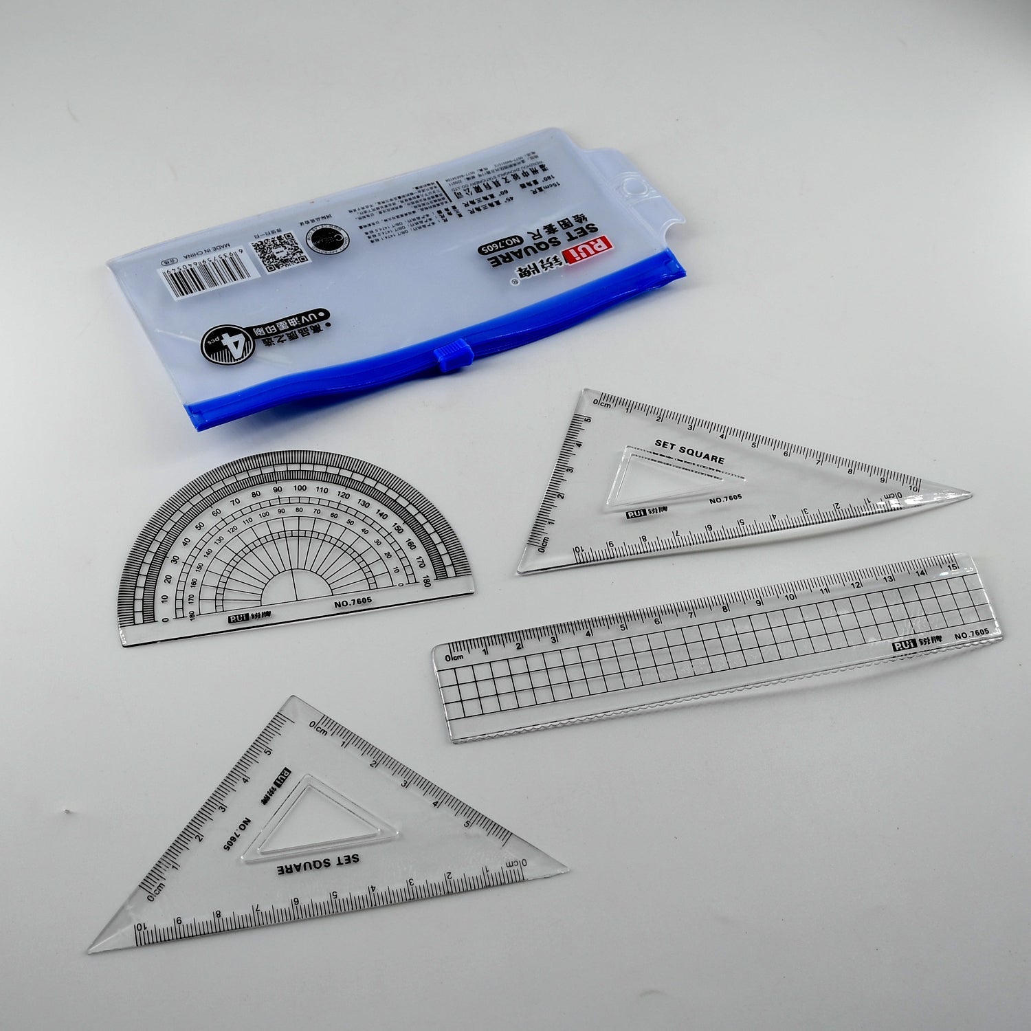 7915 Math Geometry Tool Plastic Clear Ruler Sets, Protractor, Triangle Math Architectural Tools 4 Pieces 