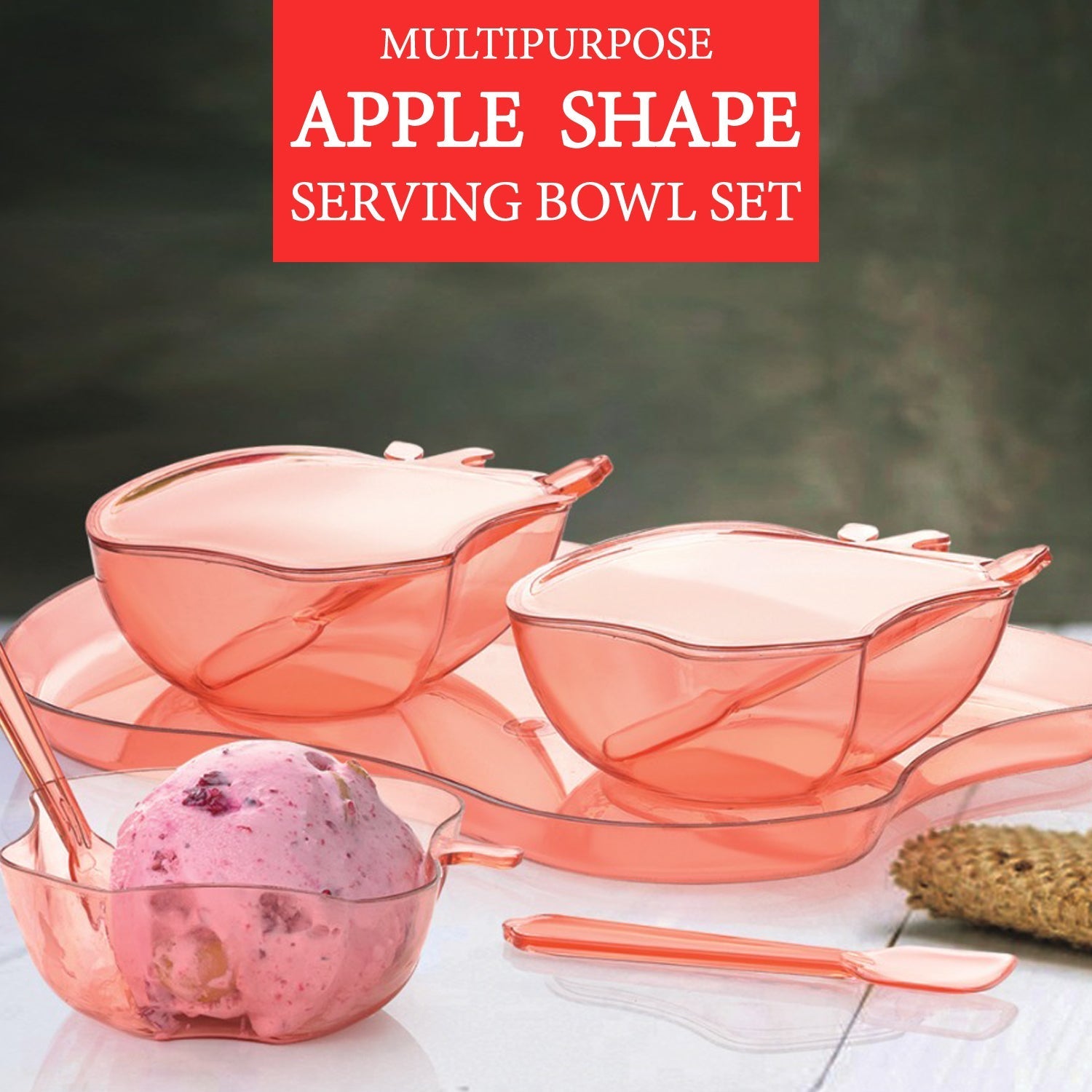 2752A Apple Shape 2Piece Serving Set of Bowl with Spoon & Tray. Dinnerware Serving Snacks & Pickle 