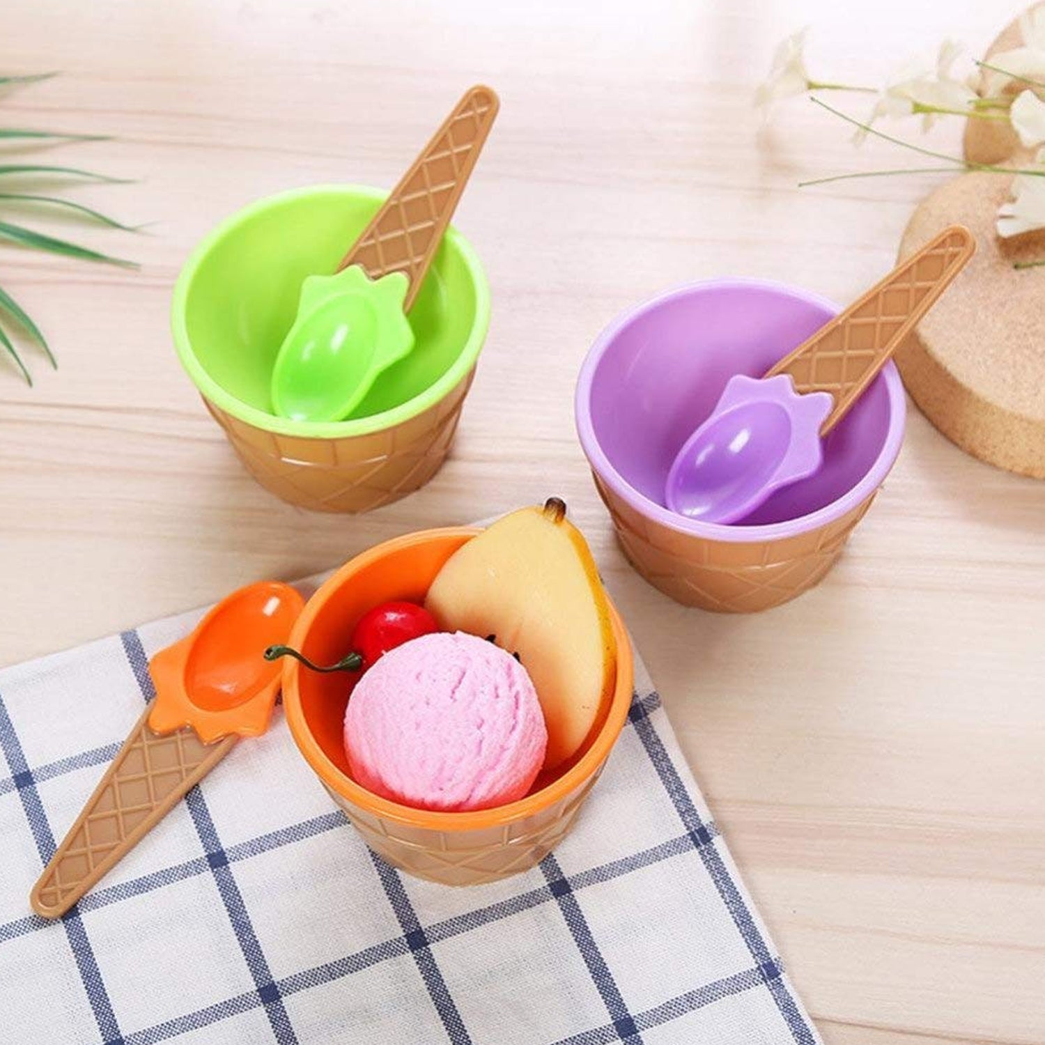 5322 Ice-Cream Waffle Spoon Bowel Cup Set | Premium ice Cream Set | Ice-Cream Bowel with Spoon | 6 units Couple Bowl Set | Color Box 