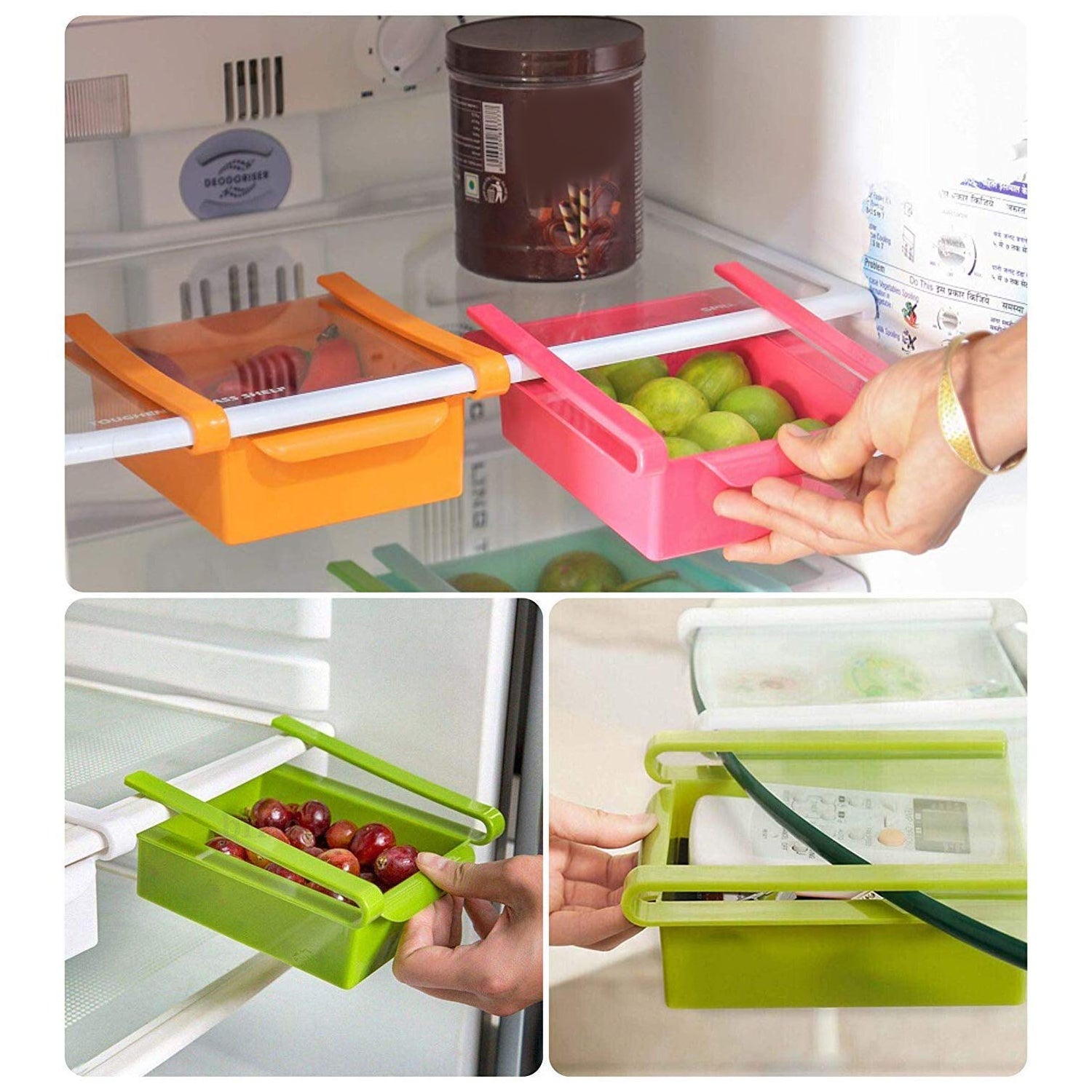 0160 Adjustable Expandable Fridge Storage Basket Multipurpose webline Refrigerator Tool Tray Sliding Drawer Under Shelf Fridge Space Saver Plastic Food Organizer Basket (4 Pc)