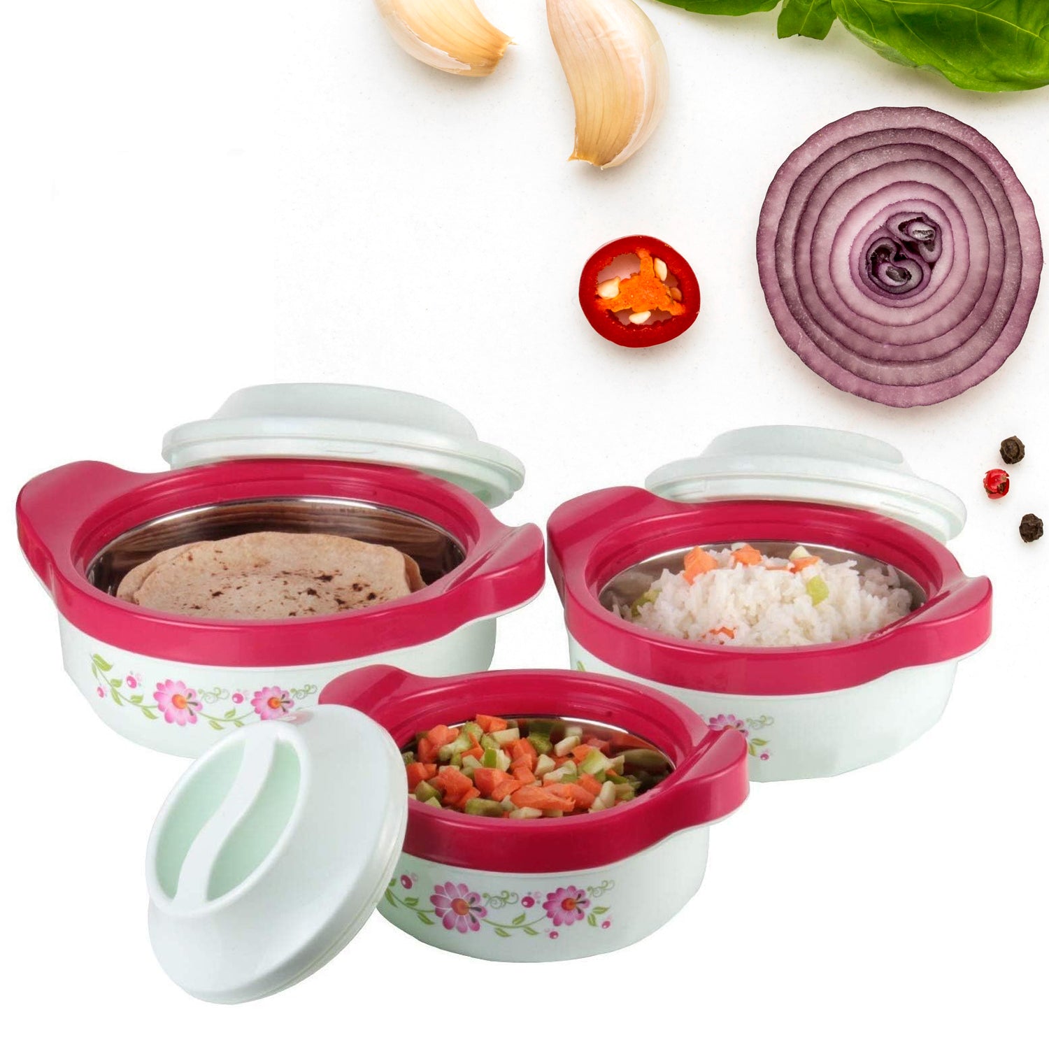 5230 Casserole Set of 3 Premium Casserole Big Size Microwave Safe 3 Pcs Set Floral Print Serve Casserole Set- 800ML,1500 ML and 2500ML 