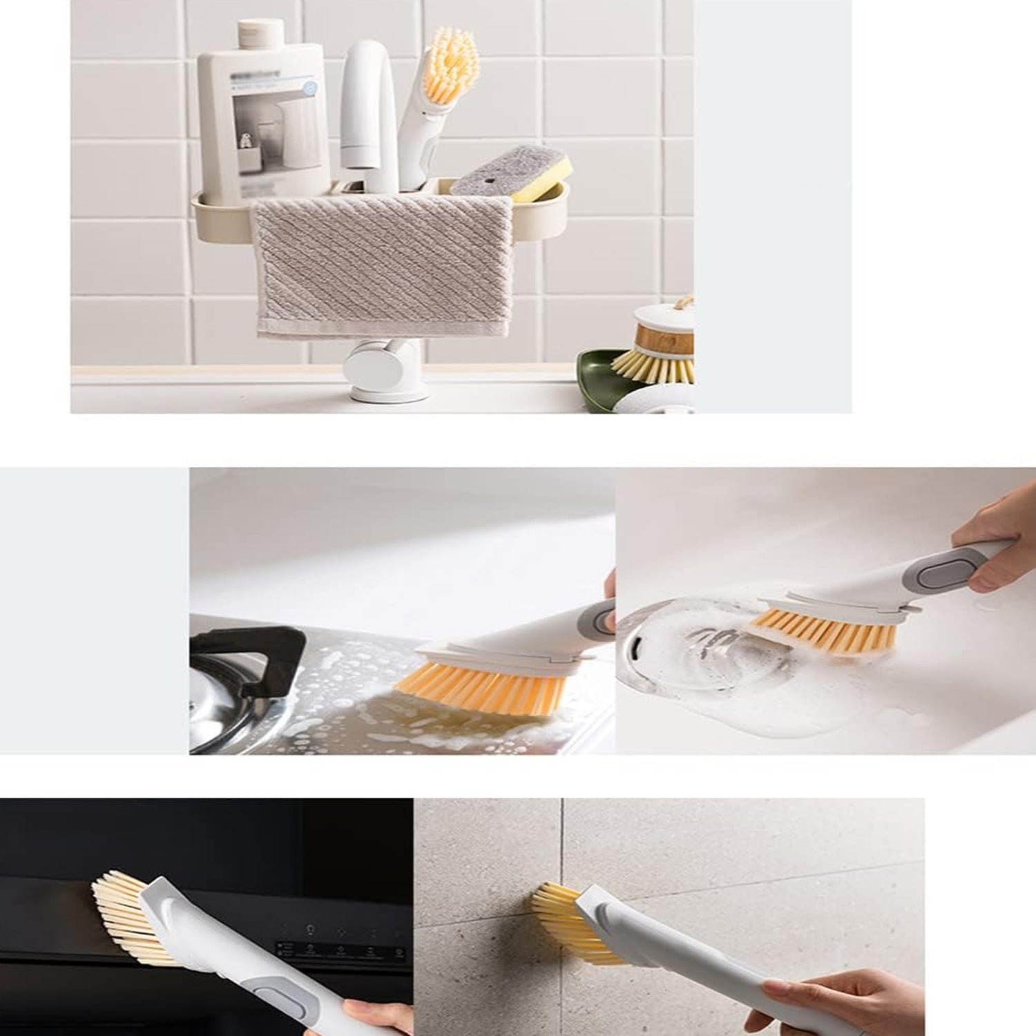 5939 Cleaning Brushes Set, Scrub Brush Bathroom Brush, Long Handle Liquid Dispenser Pot Washing Brush