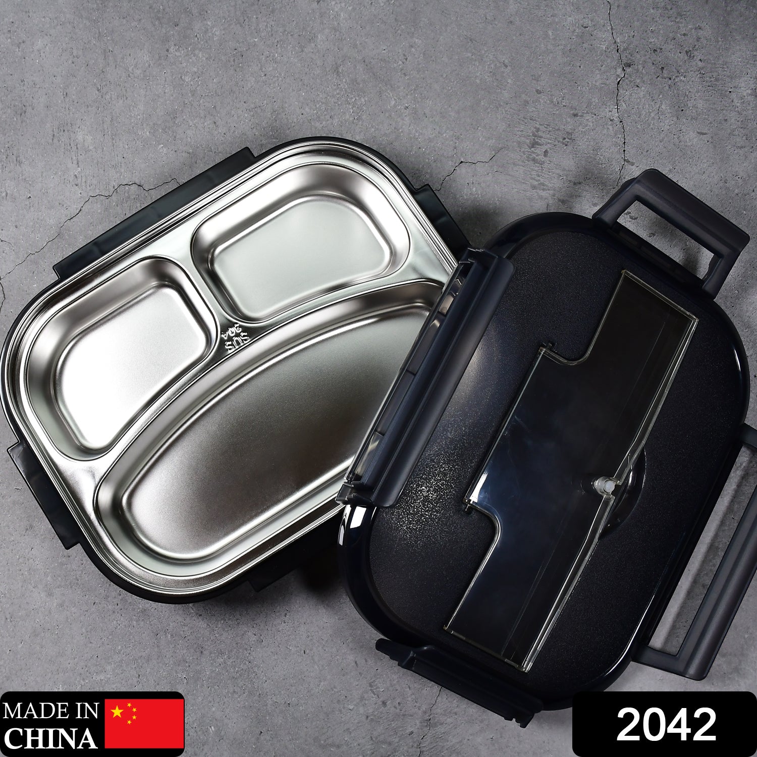 2042 Black Lunch Box for Kids and adults, Stainless Steel Lunch Box with 3 Compartments With spoon slot. 