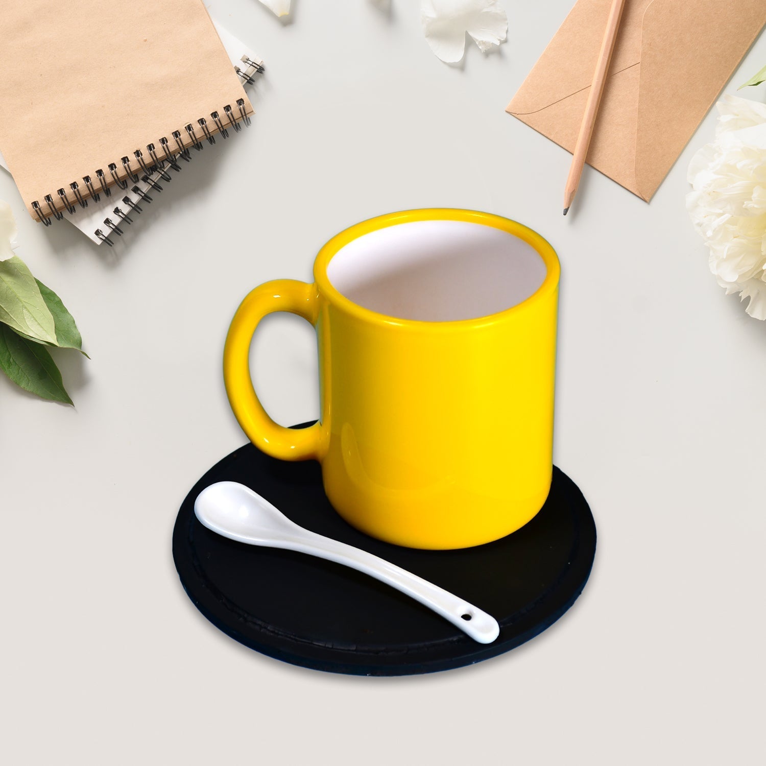 4948 Yellow Coffee Mug With Spoon Ceramic Mugs to Gift your Best Friend Tea Mugs Coffee Mugs Microwave Safe. 