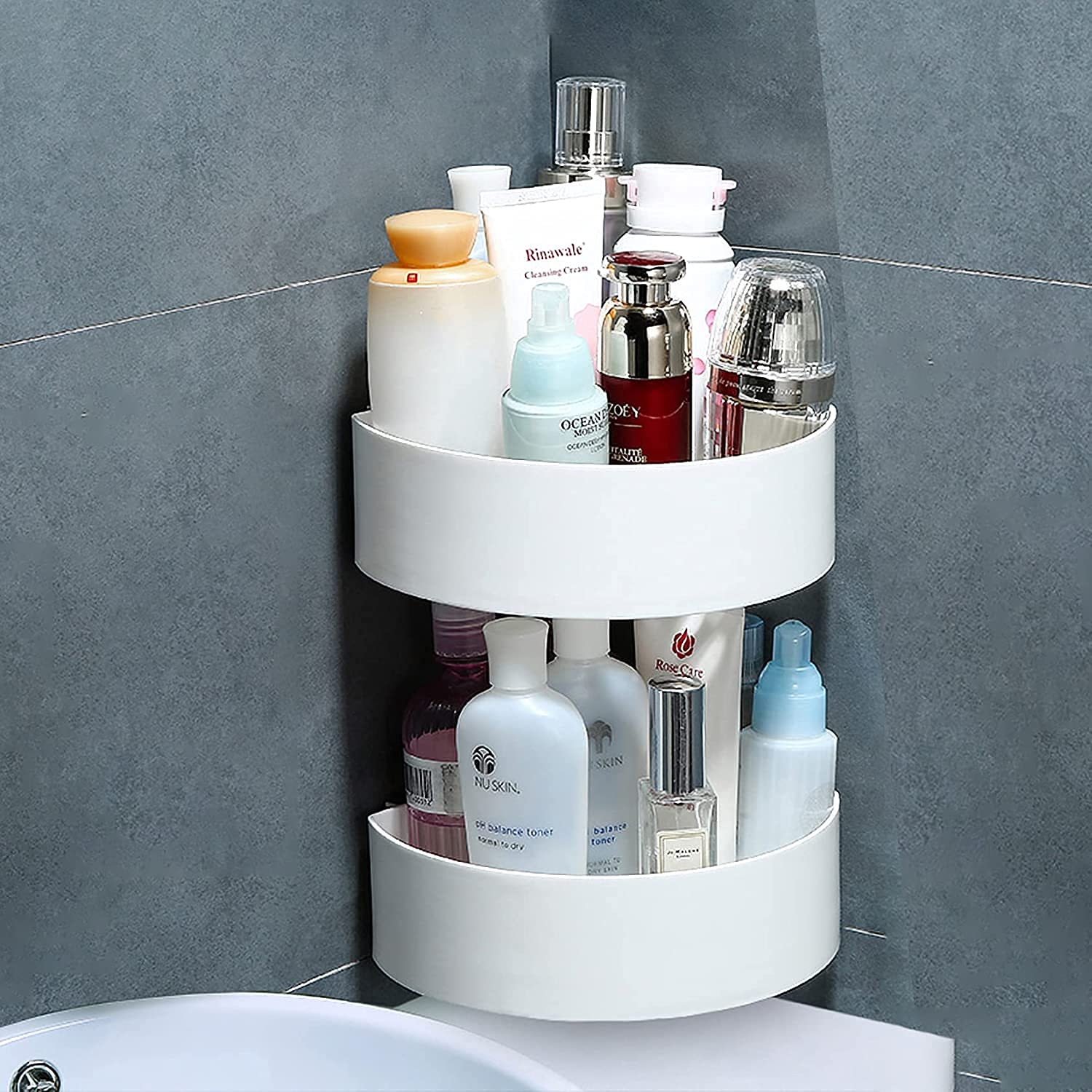 4033 Corner Shelf Bathroom Kitchen Rack Self Adhesive Shower Caddy Plastic Triangle Wall Mount Storage Basket 