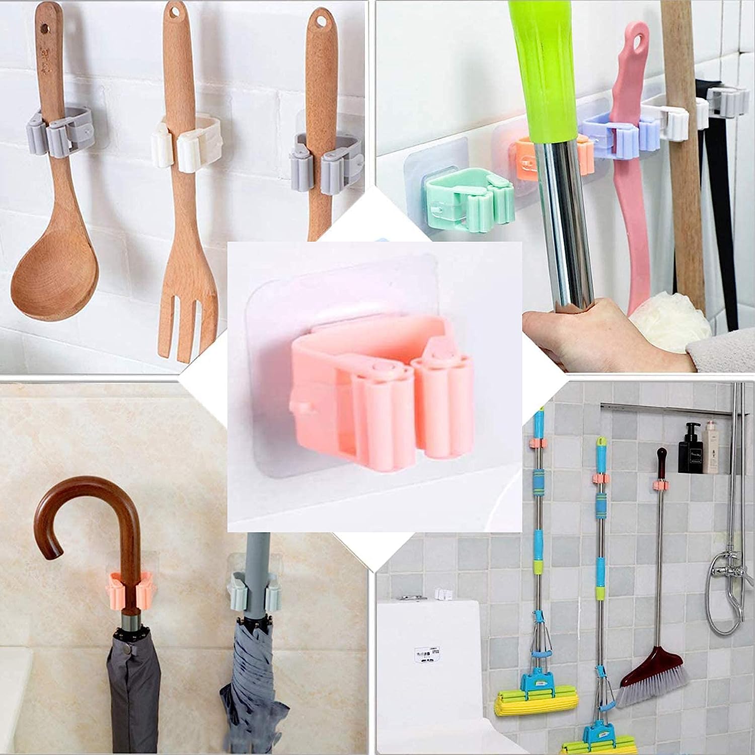 2131 Broom Holder Wall Mounted, Mop and Broom Holder Broom Organizer Grip Clips, No Drilling, Wall Mounted Storage Rack Storage & Organization for Kitchen, Bathroom, Garden